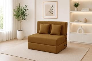 Los Angeles Foldable One Seater Sofa Cum Bed, Sofa Bed 3 X 6 Feet Jute Fabric Washable Cover- Including Cushion Perfect for Living Room & Office Guest Room - Golden Color