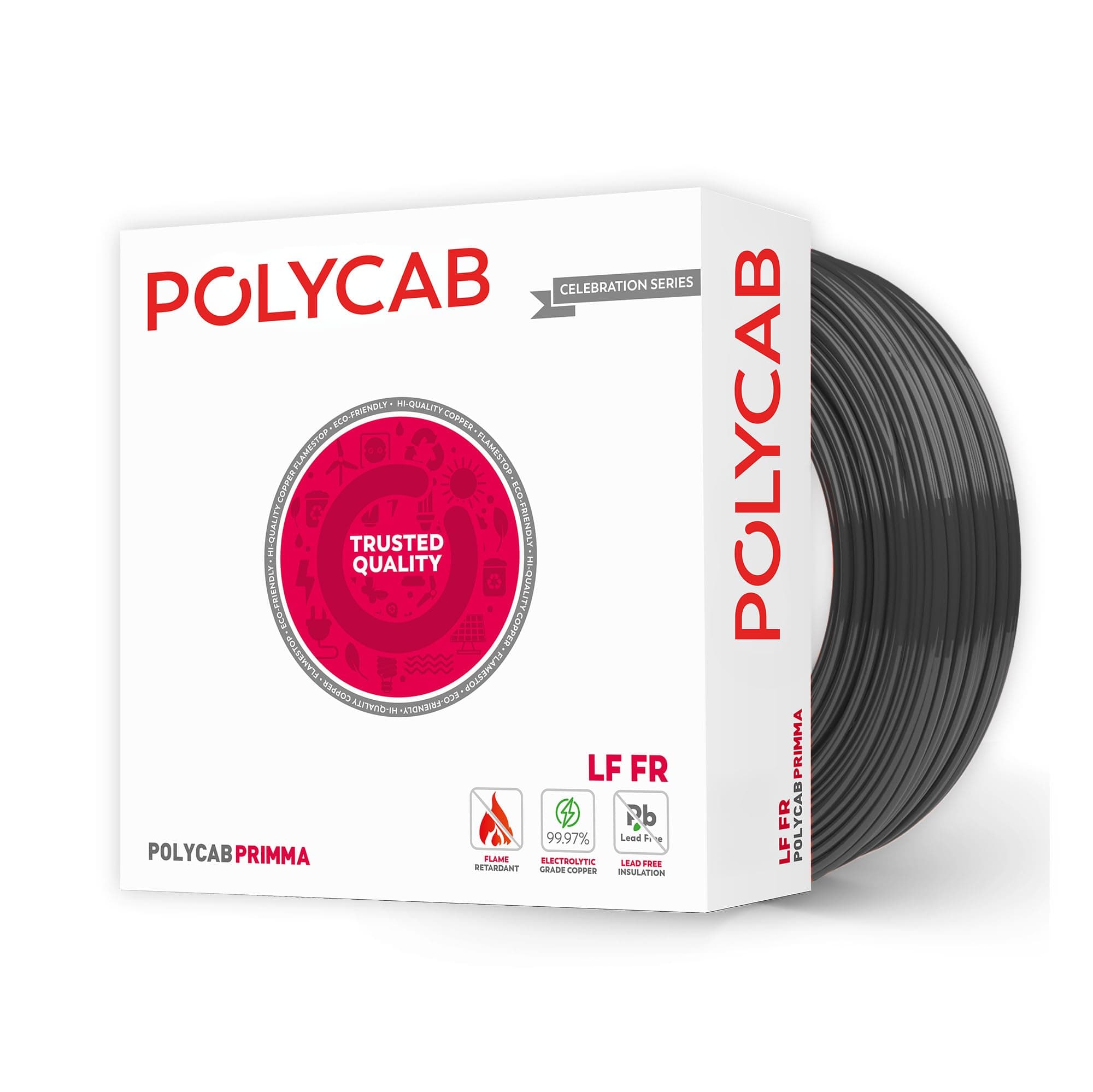 Polycab Primma 90m, 2.5sqmm. •Heat Resistant •Eco Friendly • Lead free PVC insulation •Mositure resistant •Flame Retardant •99.97% Electrolytic Grade Copper【Black】