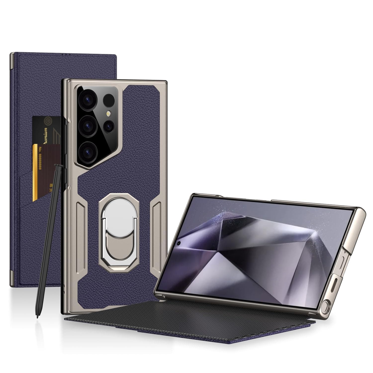 Midkart Leather Flip Case Compatible with Samsung Galaxy S23 Ultra with Ring Holder Kickstand Card Holder Inner Hard PC Full Body and Camera Protection Case, Violet