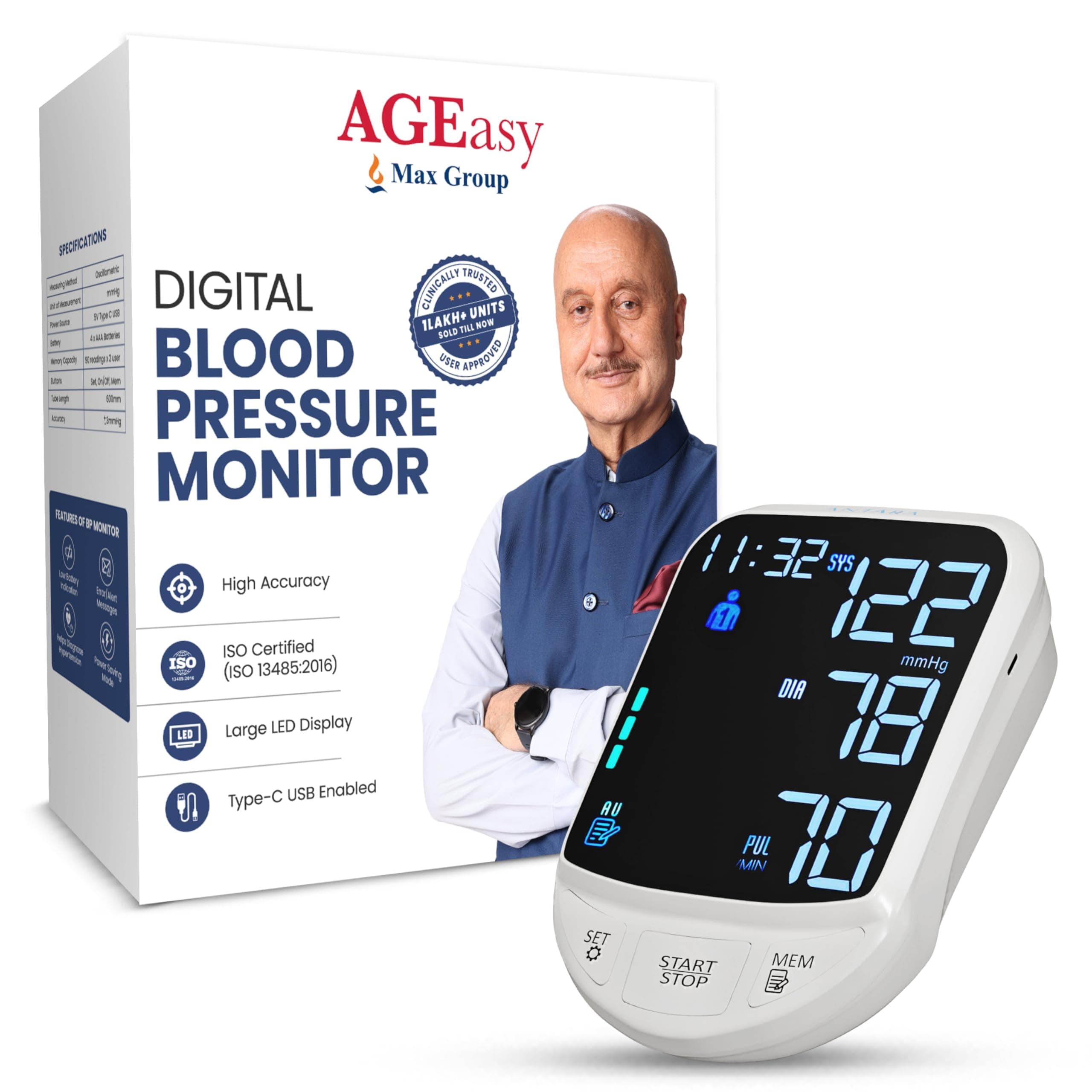 AGEasy (Max Group) Automatic BP Monitor | Digital Blood Pressure Machine | Large 4.7” LED Display | Clinically Accurate | 2 Users Memory (180 Readings) | Adjustable Arm Cuff (22–42 cm) | 2-Year Warranty