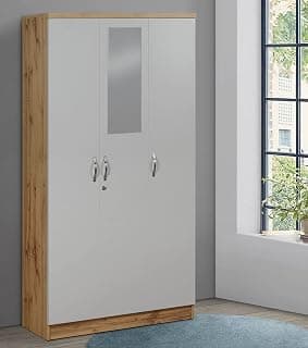 DeckUp Plank Cove 3-Door Engineered Wood Wardrobe with Mirror (Wotan Oak and White, Matte Finish)