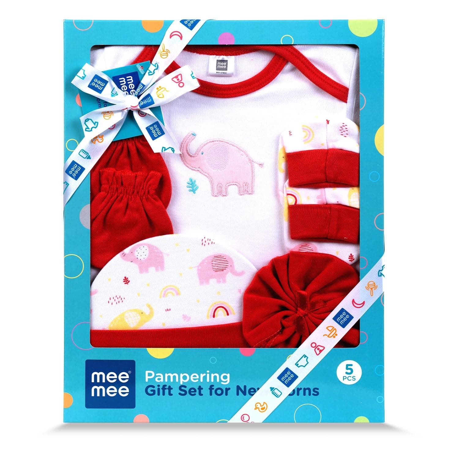 Mee Mee New Born Baby Gift Set | Soft Cotton Clothing Essentials for Infants/Baby Girls, Boys | Baby Shower Clothing Hamper (5 Pieces, Red)| Ideal Gift for New Born Baby