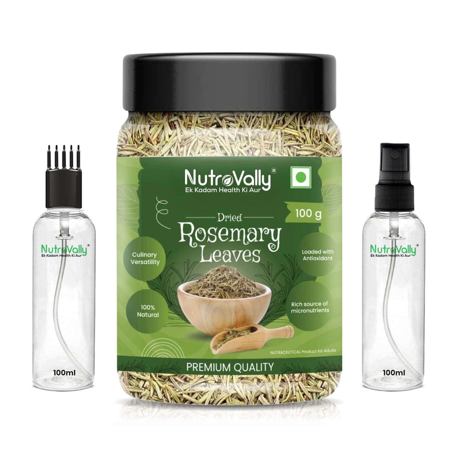 NutroVally Rosemary Leaves 100g | For Seasoning & Helps In Hair Growth | 100% Natural Rosemary Dried Leaves | Food Grade With Mist Spray + Combo Bottle| Rosemary leaves organic