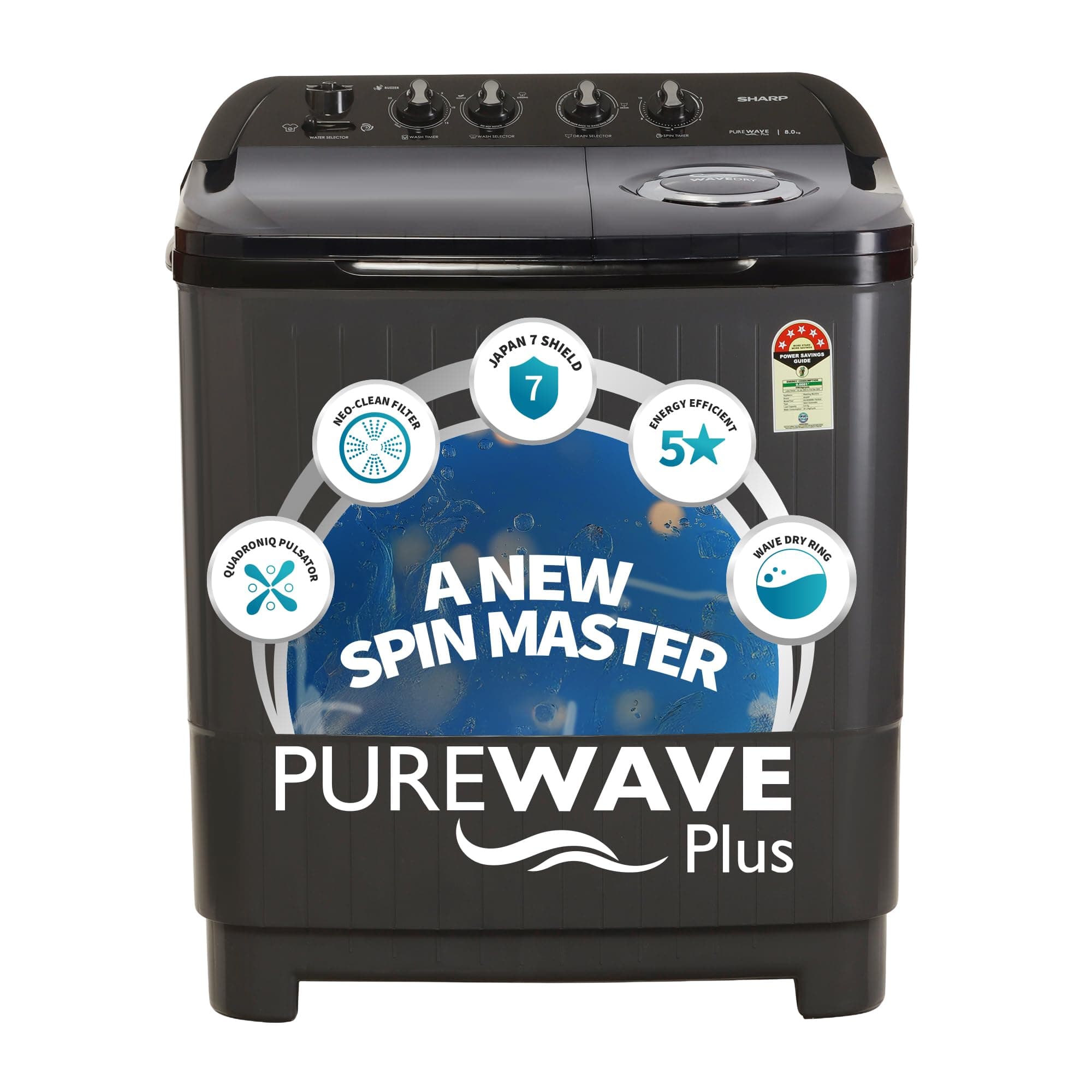 SHARP 8.0 kg, 5 star Semi-Automatic Top Loading Washing Machine with Quadroniq Pulsator, Wave Dry Ring, 300 RPM (ES-SD80NB-TS, Steel Grey, Pure Wave+)