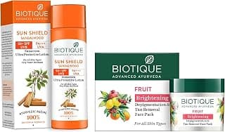 Biotique Bio Sandalwood 50+ Spf Uva/Uvb Sunscreen For All Skin Types Ultra Soothing Face Lotion, 120Ml & Bio Fruit Whitening & Depigtation & Tan Removal Face Pack, 75G