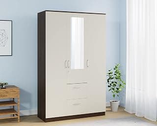 Nilkamal Mozart 3 Door Wooden Wardrobe with Mirror for Bedroom | Almirah with Hanging Rod, 8 Shelves, 3 Drawers | Clothes Cupboard | Engineered Wood | Walnut & White