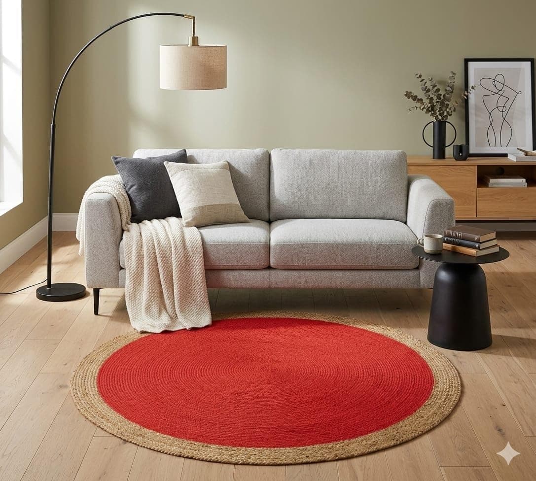 V.V.S.Enterprises, Jute Carpet for Living Room, Bedroom Rug, Hallway and Entryway Mat, Handwoven Area Rug for Interior Styling and Room Décor, 2x2 Feet, Beige & Red