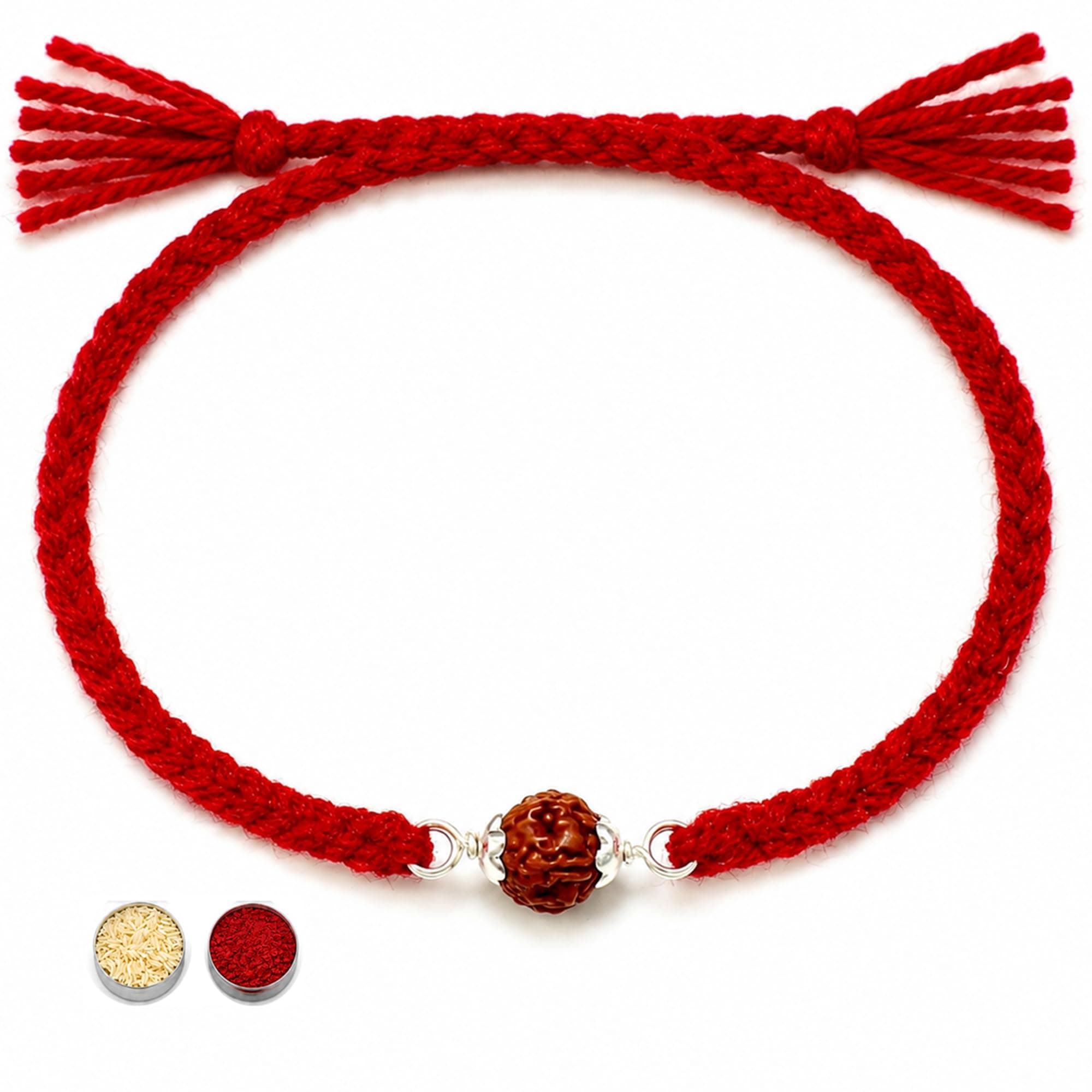 Njels Silver Rakhi Bracelet for Brother | 5 Mukhi Rudraksha Bracelet for Men and Boys | Silver Rakhi for Brother with Pure Cotton Thread | 1 Rudraksha Beads Rakhi