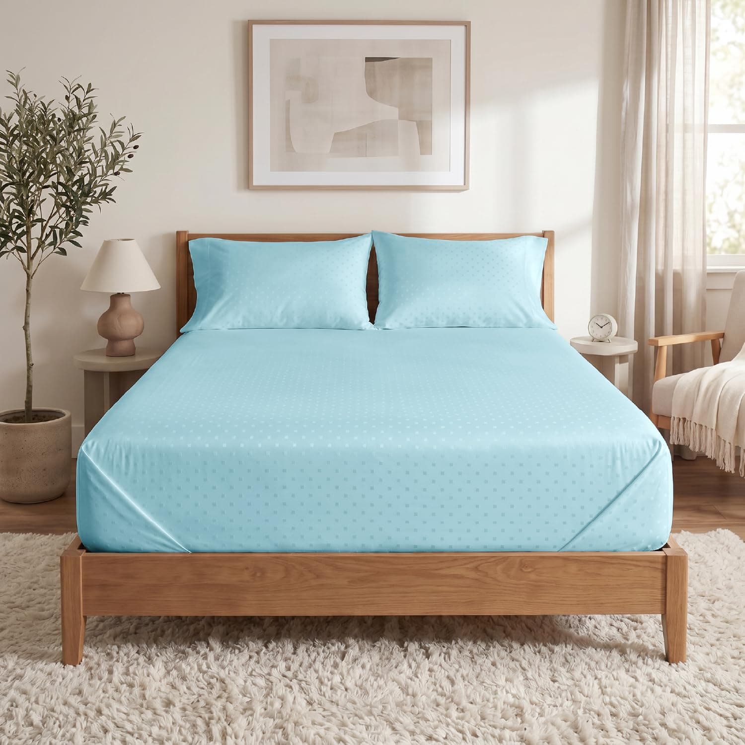 Blue Dahlia 100% Cotton, King Size/Double, Bedsheet (108" x 108") + 2 Pillow Covers, Silky Smooth Feel, 300TC Dotted Premium Bedsheet, Colour: Blue Fog