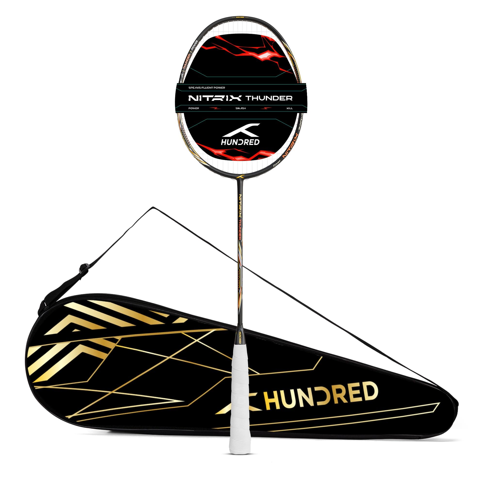 Hundred Nitrix Thunder (Unstrung) Badminton Racket with Full Cover | ≤32 lbs | Every Shot: Powerful, Precise & Relentless | Superlite Carbon Fibre | Curve² Frame | Graphite Lab Build