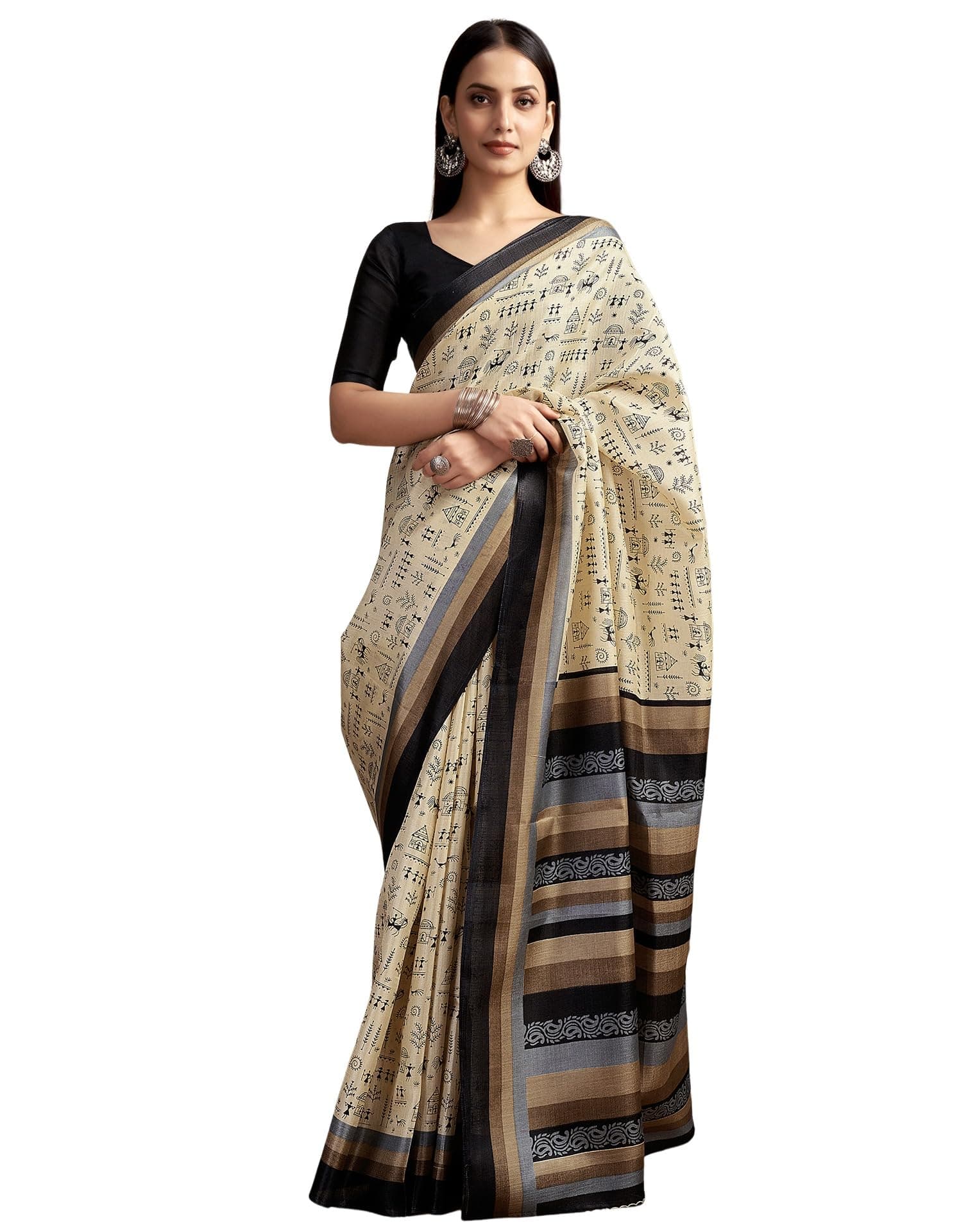 SIRIL Women's Cotton Warli Printed Saree With Unstitched Blouse Piece