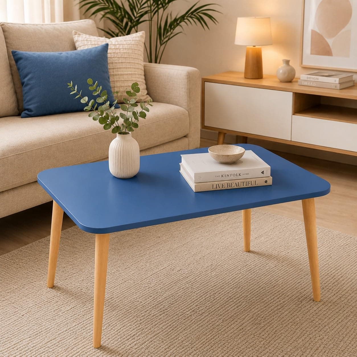 EXPRESSOW ENTERPRISES Wooden Foldable Coffee Table - Rectangular Center Tea Table for Living Room & Bedroom, Easy Assembly with Solid Wooden Legs (Blue)
