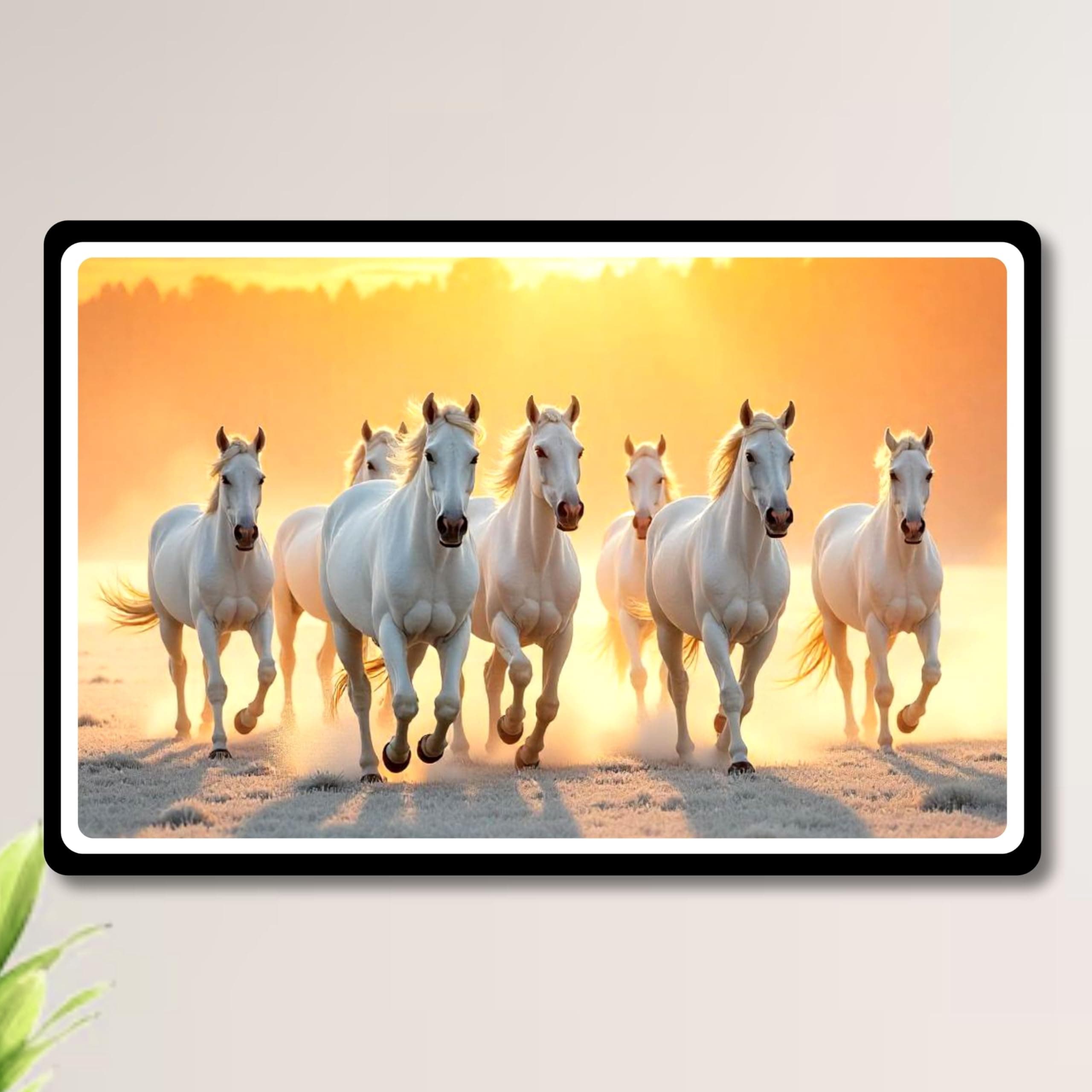 ApnaGift Running Horses at Sunrise Vastu Multi-Effect Framed Animals Painting | Seven Horses Running at Sunrise Premium Canvas Wall SHWF_09