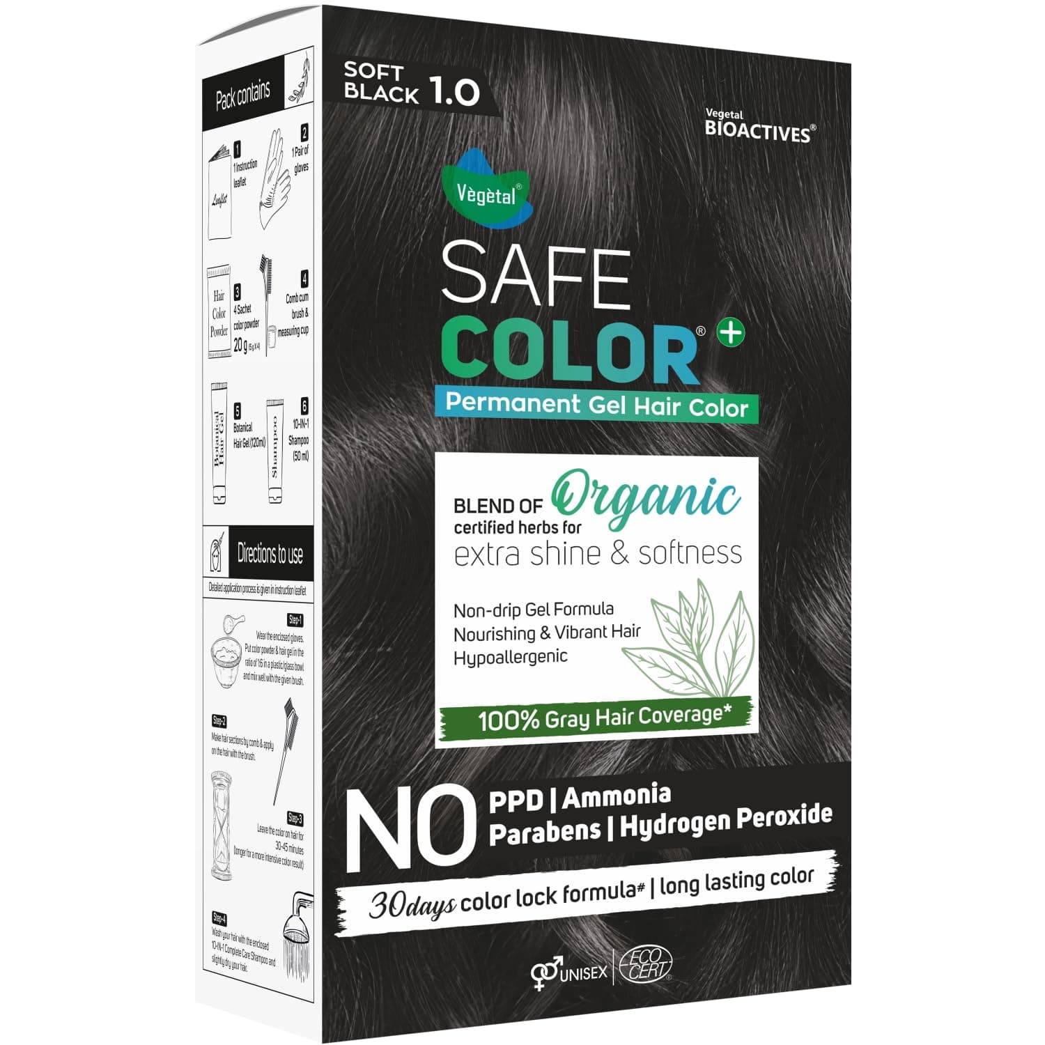 Vegetal Safe Color Organic Permanent Gel Hair Colour, Soft Black 1.0-190ml.- Chemical-Free with Natural Herbs