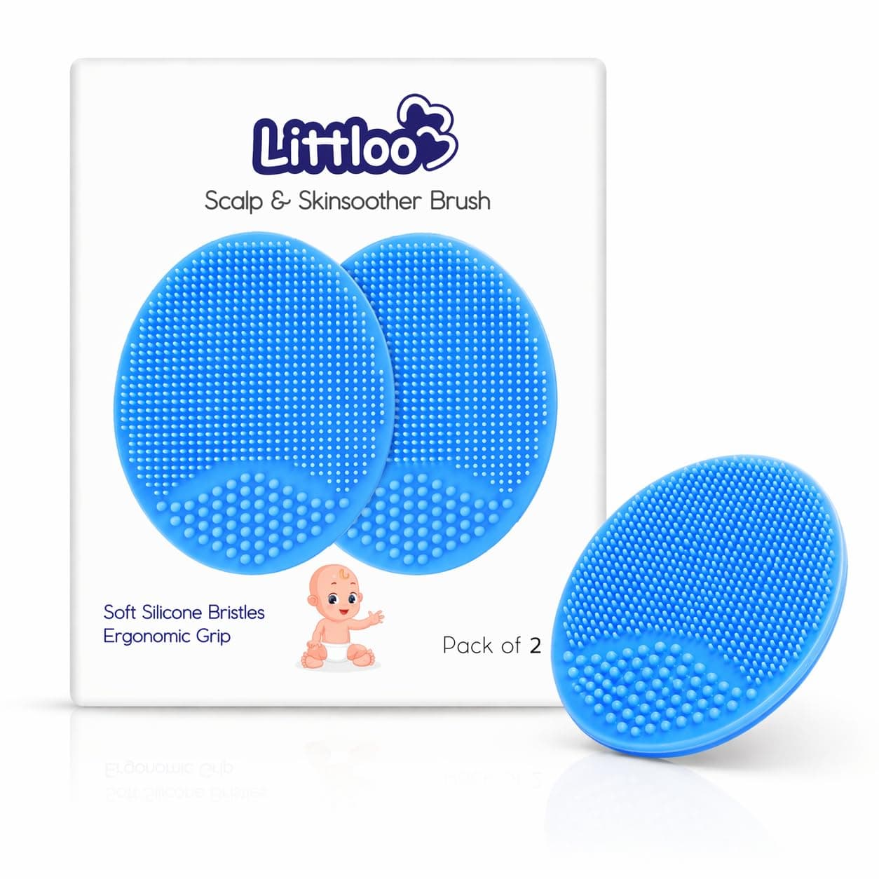 Littloo Gentle Scalp and Skin Soother Brush for Baby Cradle Cap - Soft Silicone Bristles for Safe and Effective Care - Blue (Pack of 2)