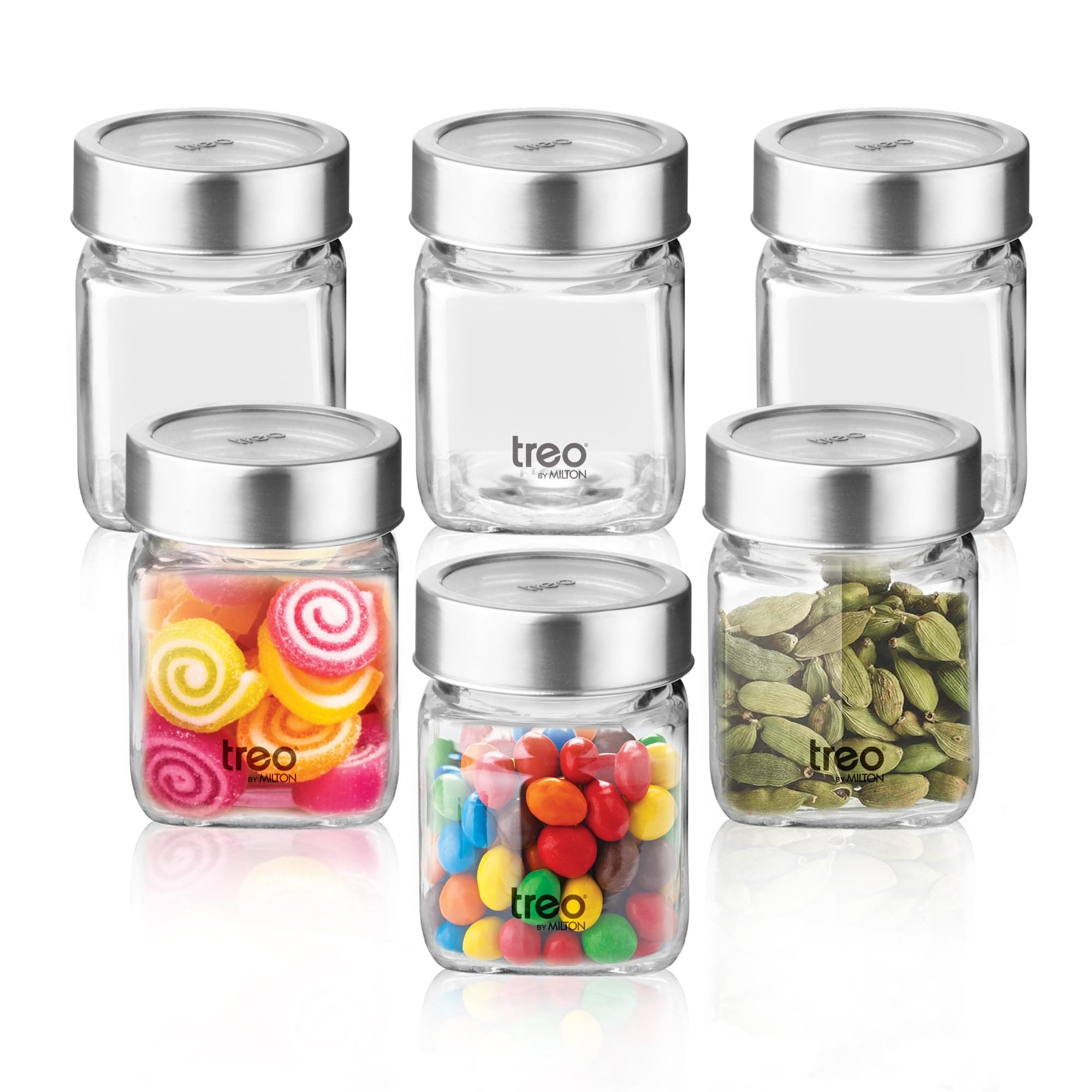 Treo By Milton Cube Storage Glass Jar Set of 6, 180 ml Each, Transparent, BPA Free, Storage Jar, Kitchen Organizer Modular, Multipurpose Cookies Jar