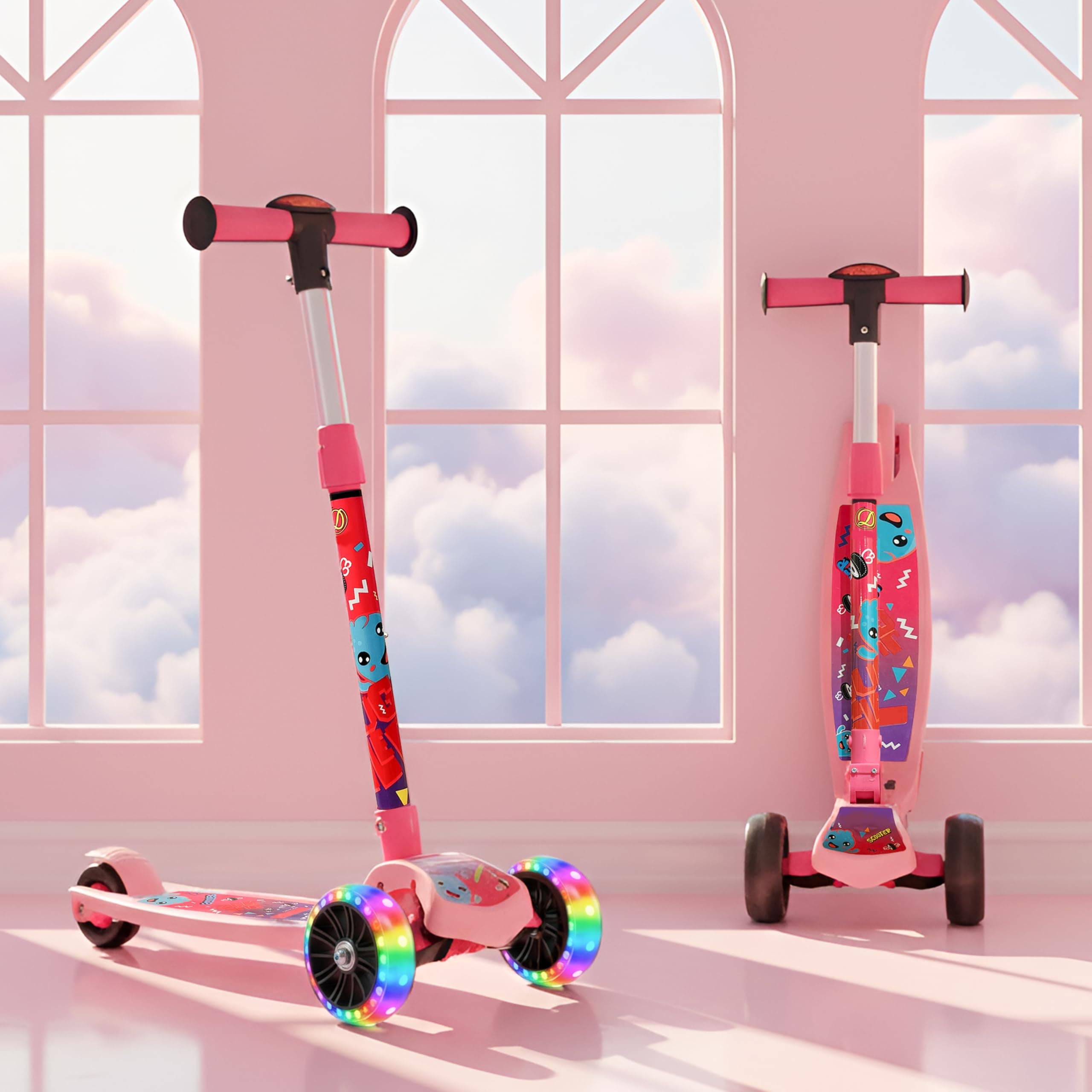 Kidsmate Fliprider 3 Wheel Kick Scooter for Kids 3-8 Years | Foldable Design with 3-Level Adjustable Height | LED Light-Up Wheels | Fun, Safe & Durable Kids Scooters for Boys & Girls - Pink