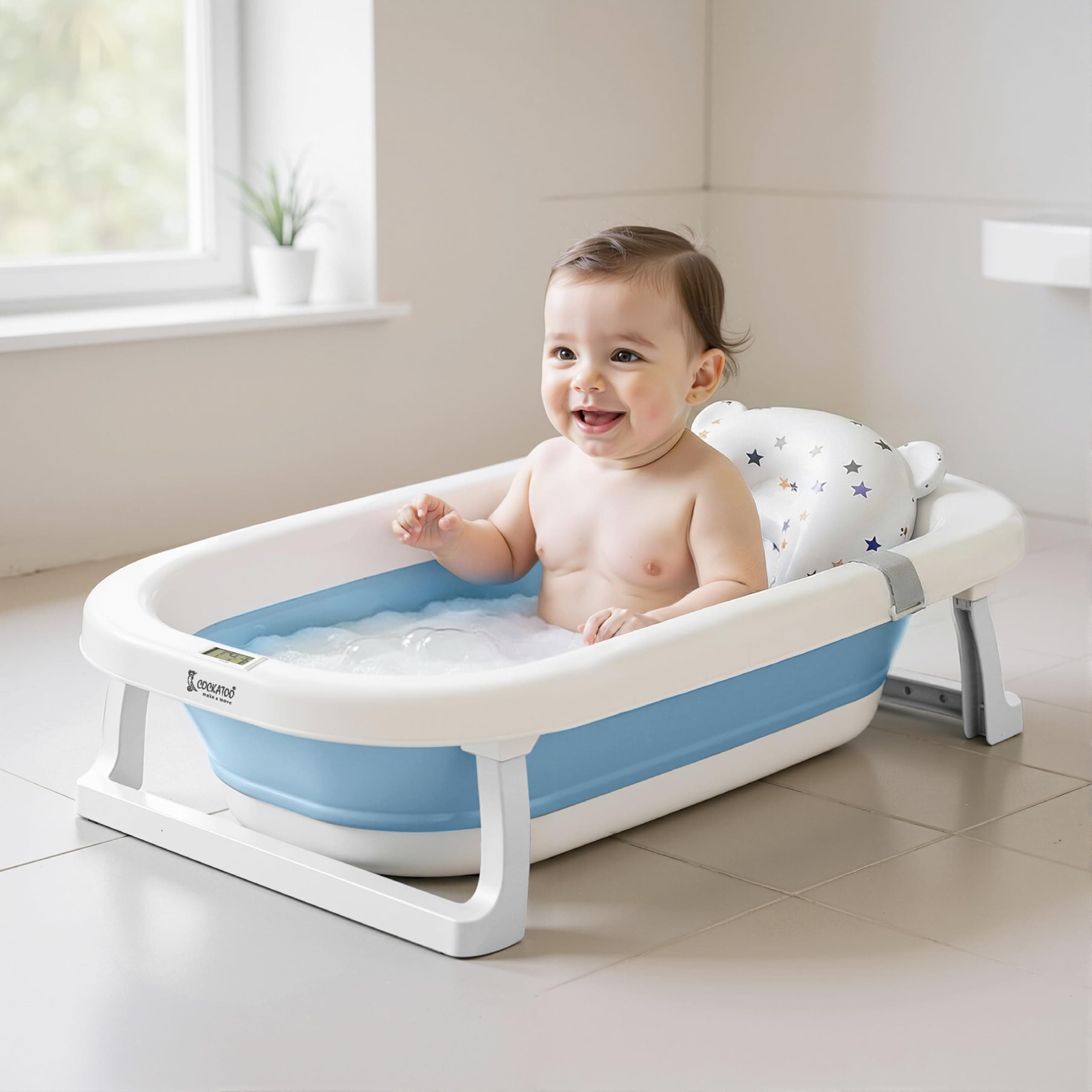 Cockatoo-Kids DripDrop Foldable Baby Bath Tub with Thermistor, Pillow & Soap Box – Portable Newborn to 6 Years Tub, Non-Toxic PP, Anti-Slip Base, 40kg Capacity – Travel & Home Use, White & Blue