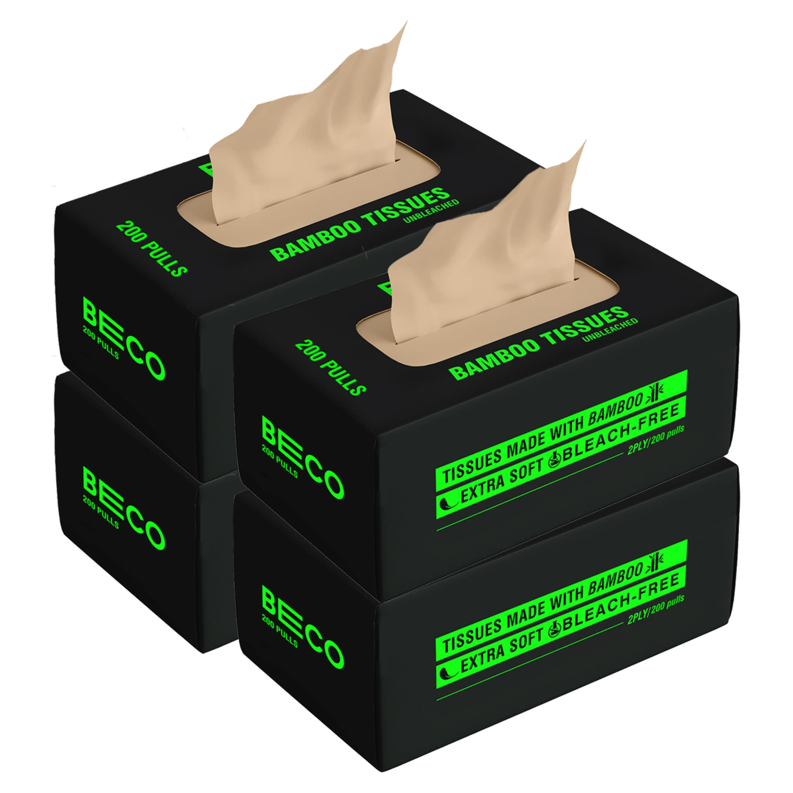 Beco Bamboo Super Soft 2-ply Car Tissue Box| Facial Tissue-200 pulls x 3 Packs (600 Pulls) | 100% Natural & Ecofriendly