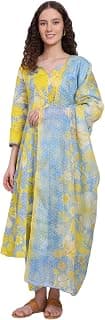 W for Woman Blue Bold Floral Printed Pure Cotton Flared Kurta, Straight Pants and Dupatta Set