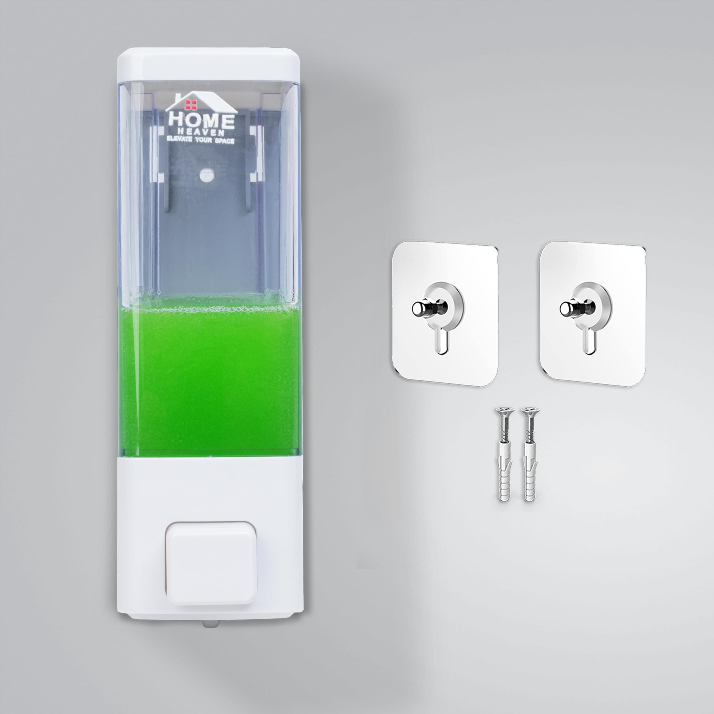 HOME HEAVEN Adhesive Wall-Mounted 350ml White Liquid Dispenser – No-Drill Install – ABS Plastic for Soap Shampoo Conditioner Hand Wash Gel Sanitizer – Bathroom Kitchen Sink Basin (Single Pack)