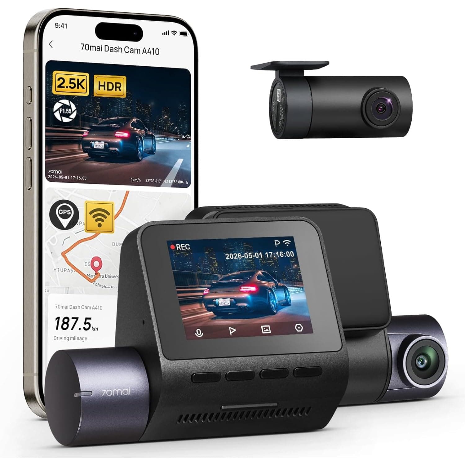 70mai A410 Dual Dash Cam [2026 New Launch], Made in India, 2.5K HDR Front & 1080P Rear, in-Built WiFi & GPS Logger, Super Capacitor, G-Sensor, Optional Parking Mode, Upto 256GB Support