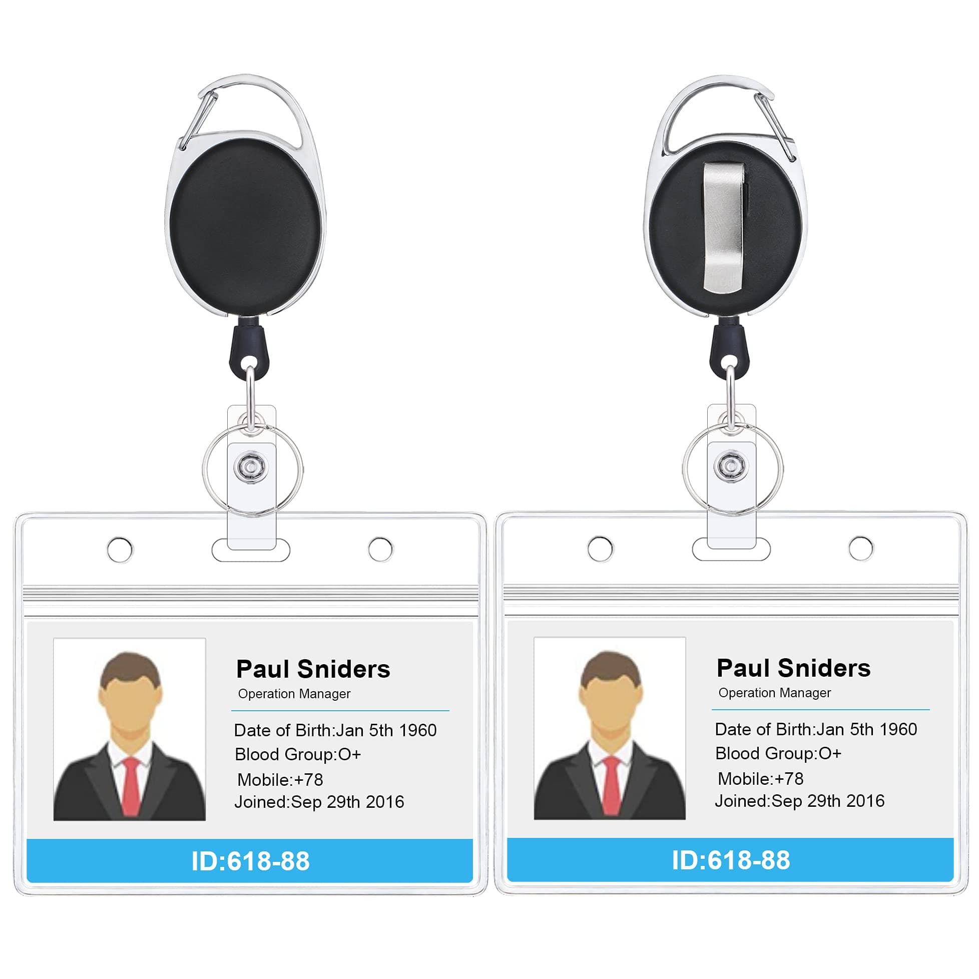 TOPKEY 2 Pack Horizontal Lanyard ID Badge Holder with Clip, Carabiner Badge Reel, 24" Pull Cord ? Heavy Duty ? Clear Id Card Holder Retractable