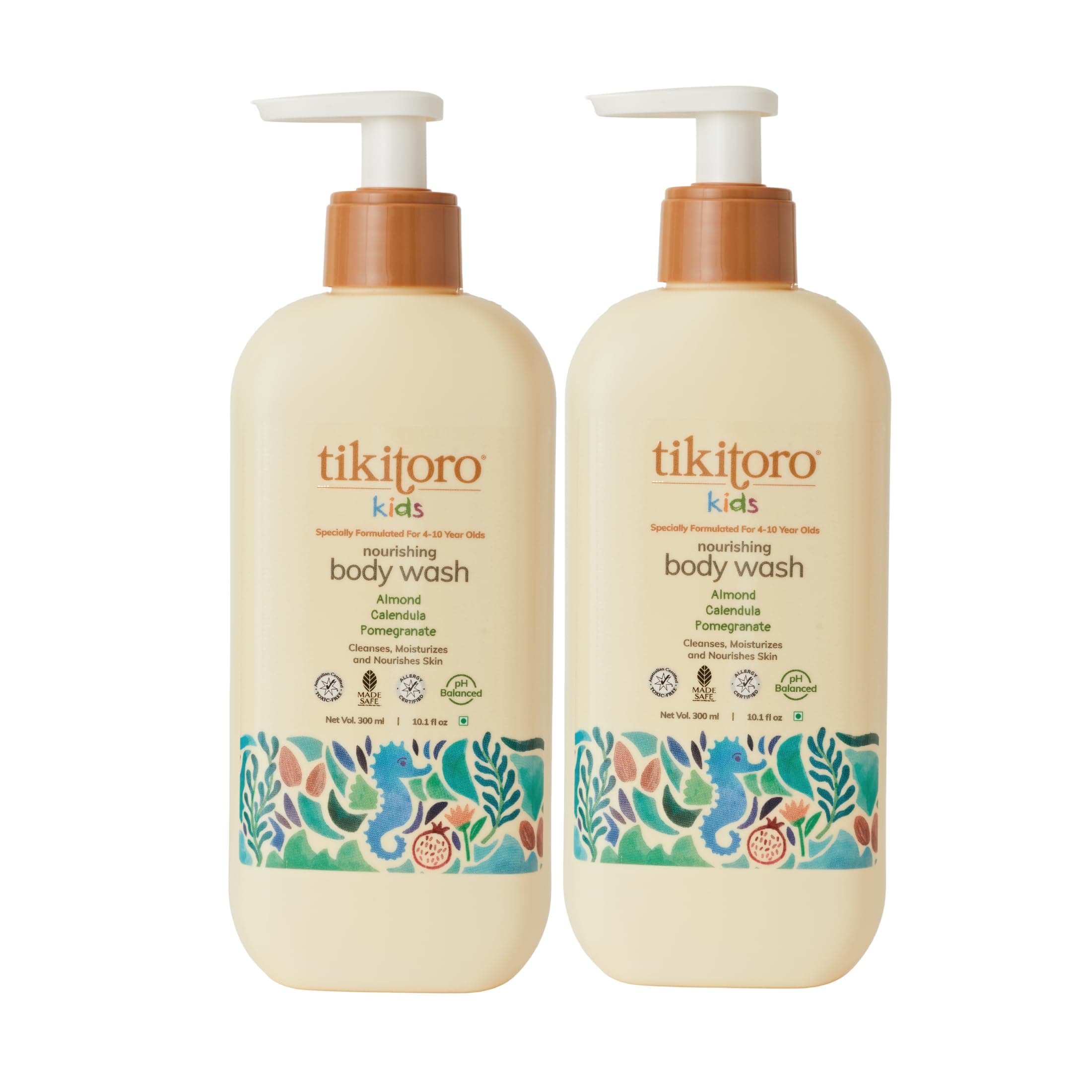Tikitoro Kids Nourishing Body Wash | Pediatrician Approved | Vegan | Cleanses, Moisturizes & Nourishes Skin | Almond, Calendula, Pomegranate Extract | No Parabens & Sulphates, Age 4+ years (300ml x 2)