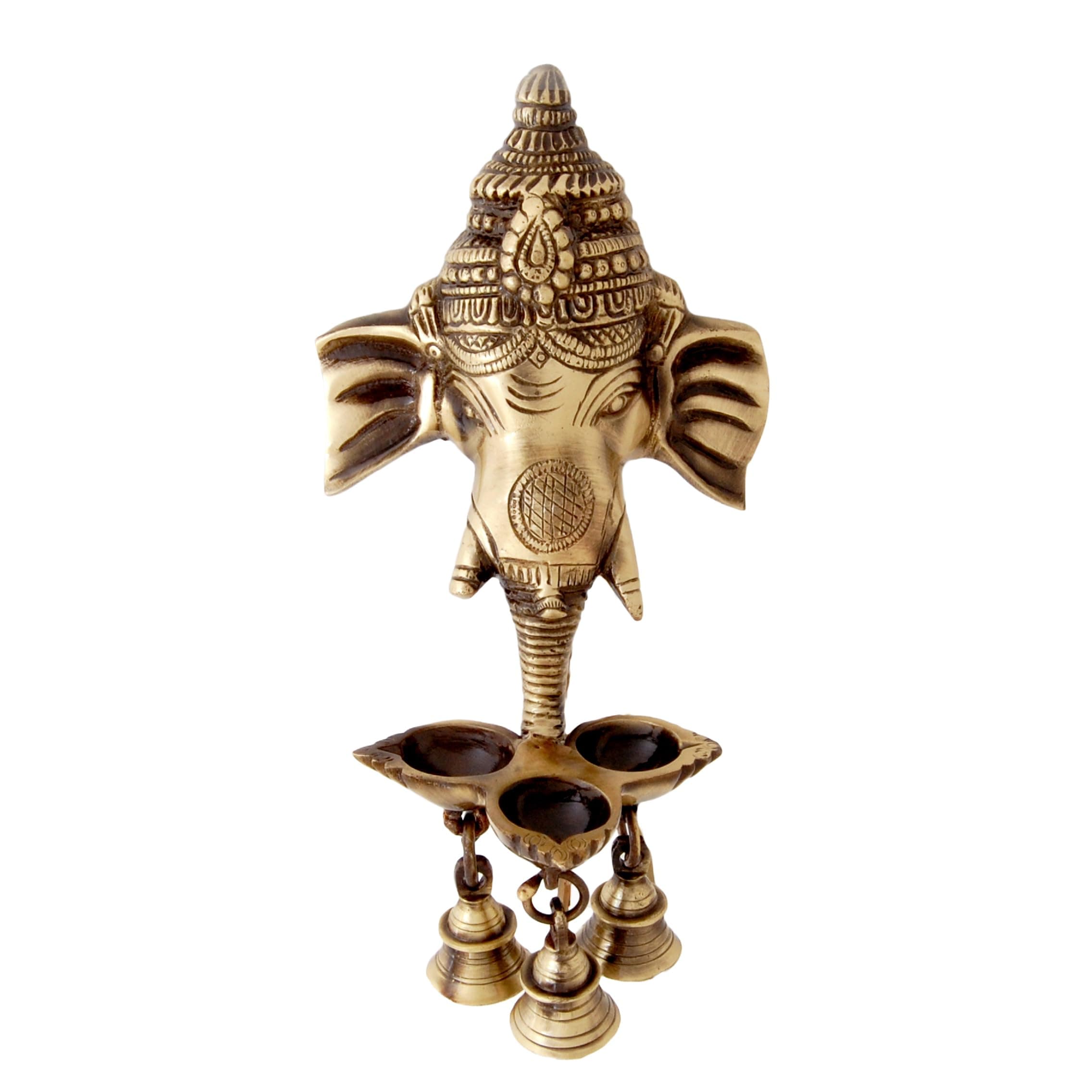 Two Moustaches Brass Ganesha Wall Hanging Diya with Bells for Home Decor, Brass Hanging Diyas Oil Lamp, Diwali Gifts, Diyas for Diwali, Ghanti for Pooja, Brass Diya , Temple Decor, Standard, Pack Of 1
