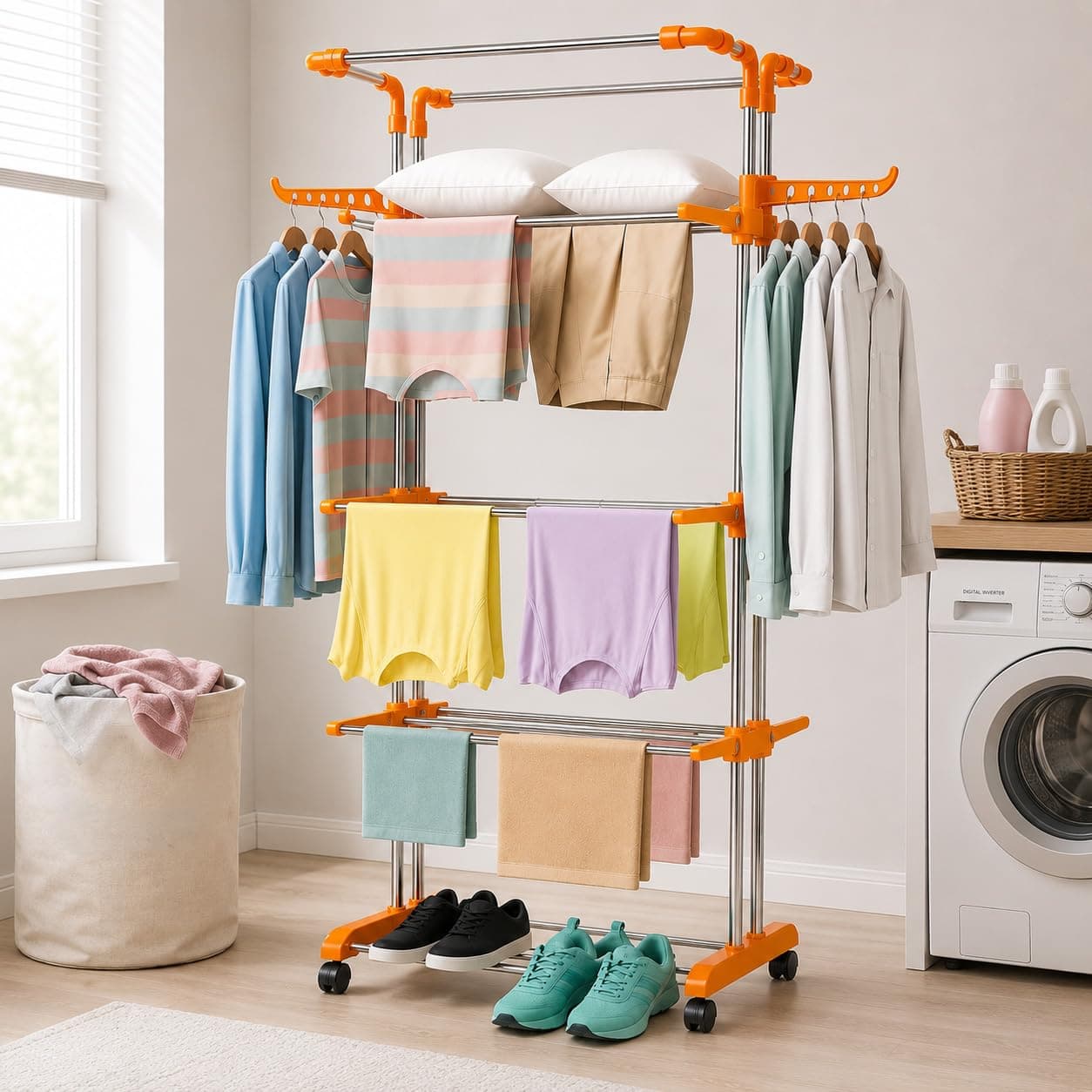 HOUZA Premium Stainless Steel Clothes Drying Stand with Wheels | 4 Layer Foldable Cloth Dryer Stand/Rack for Household, Balcony, Indoor & Outdoor | Portable & Rustproof- Orange