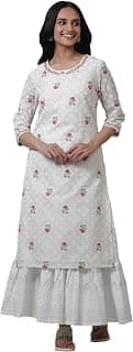 W for Woman Off White Festive Floral Print Kota Straight Kurta