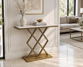 The Attic Avril Console Table for Living Room, Marble + Iron, White + Gold Matt Finish