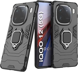 CEDO Kickstand Cover for iQOO 12 (5G) Rugged Case | Built-in Stand Rotating Ring Holder | Military Grade Armor Bumper Back Cover (Black)