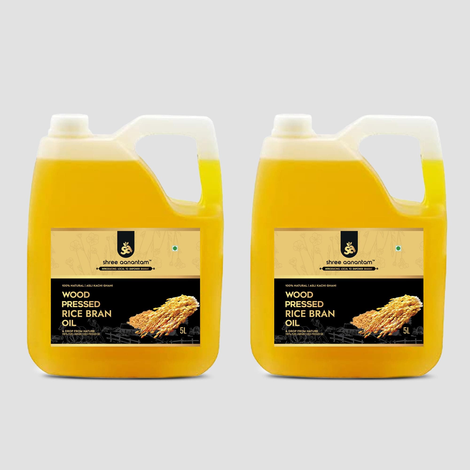Shree Aanantam Cold Pressed Rice Bran Oil - 5 Litre | Bottle | Kolhu/Kacchi Ghani/Chekku | 100% Pure & Natural | Chemical-Free | Wood Pressed Rice Bran Oil for Cooking (5L (Pack of 2))