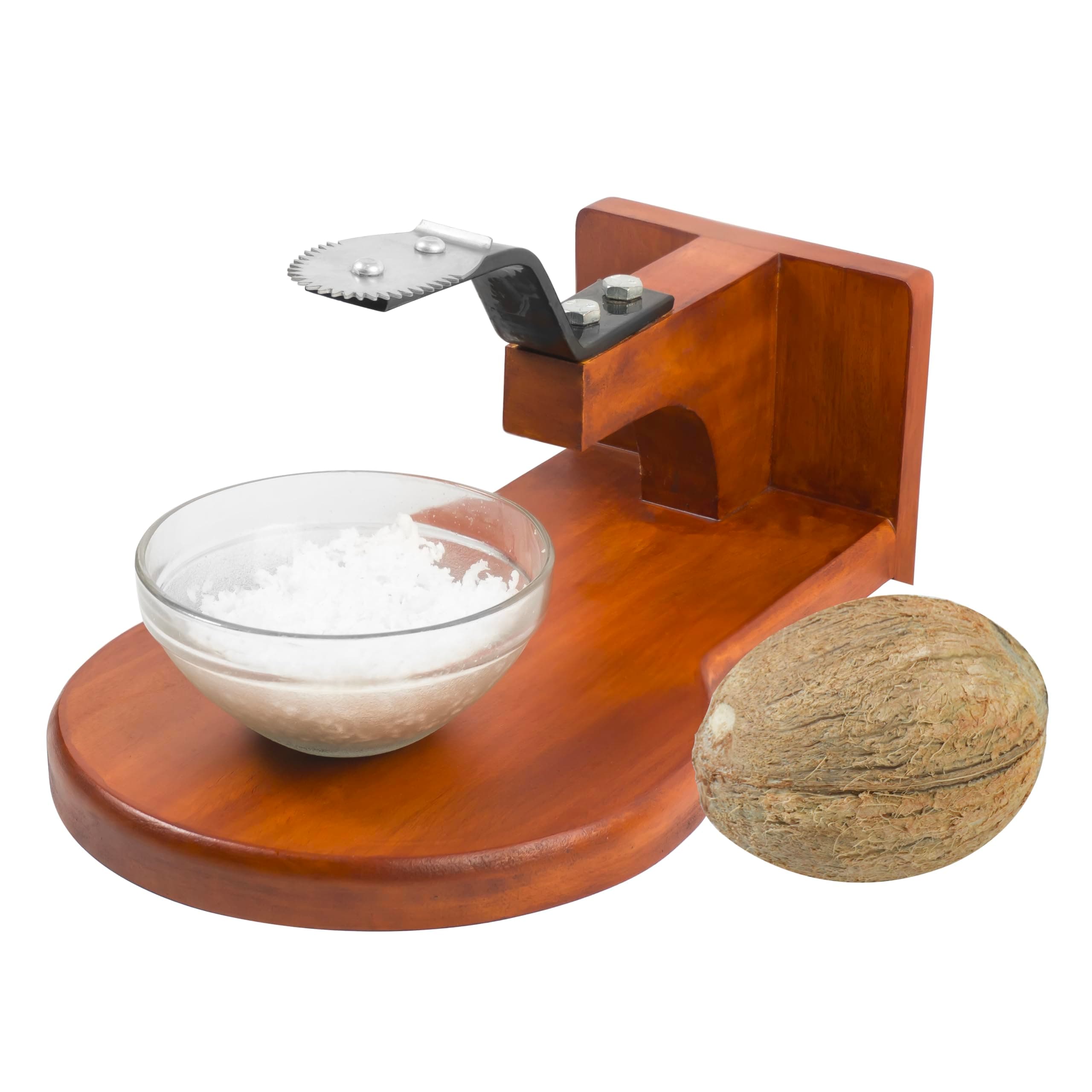 Bmado Premium Wooden Coconut Scraper | Tabletop Thengai Thuruvi Chirava Grater with Stable Round Base | Polished Wood Body & Sharp Stainless-Steel Blade | Handy Kitchen Tool for Daily Use