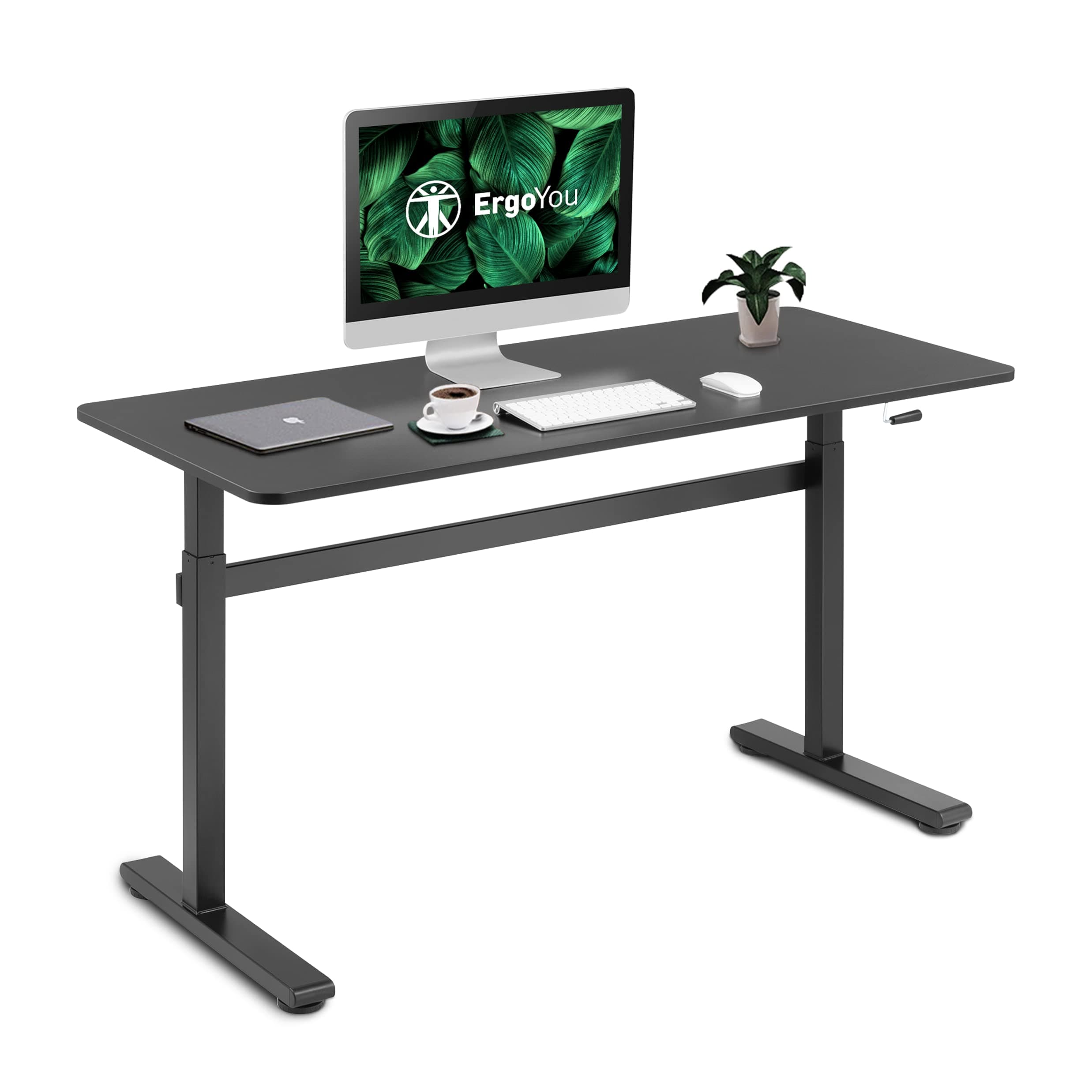 ErgoYou - Manual Height Adjustable Table 55.1 x 23.6 inches - 2 Stage with Smooth Hand Crank - M3 Series - Imported (Black Table Top and Steel Frame)