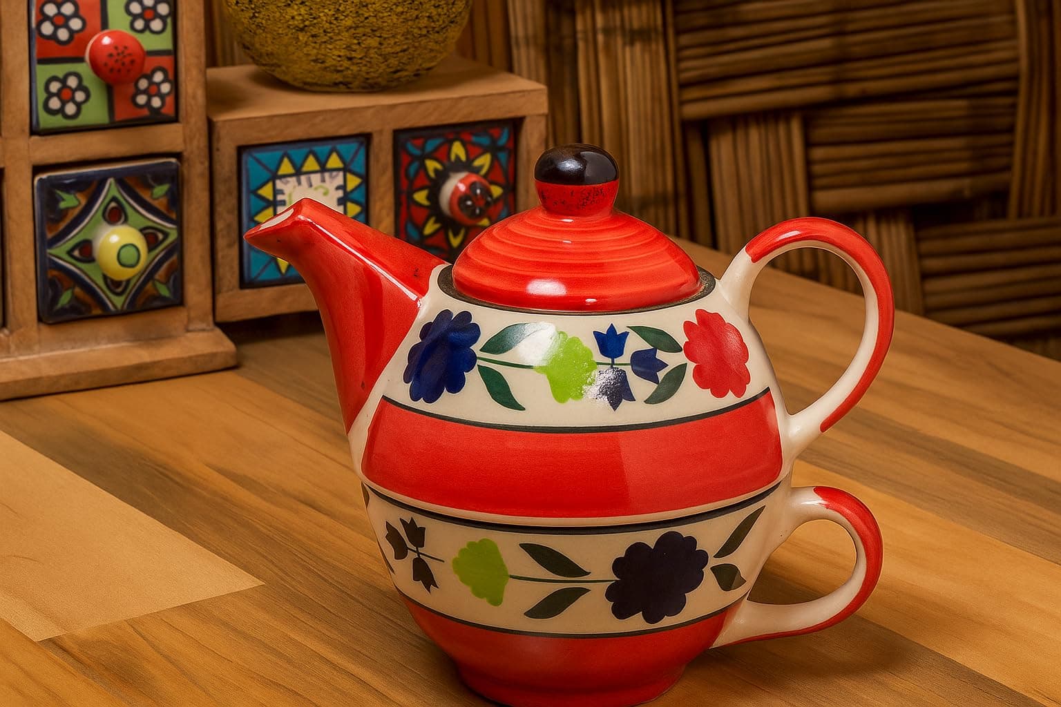 HS HINDUSTANI SAUDAGAR Bloomberry Red Ceramic Tea Pot Kettle with Cup Milk hot Water Cup with Handle teapot Set of 1 Coffee chai Kettle 300ml Masala chai Green Tea Ideal serveware for Gifting.