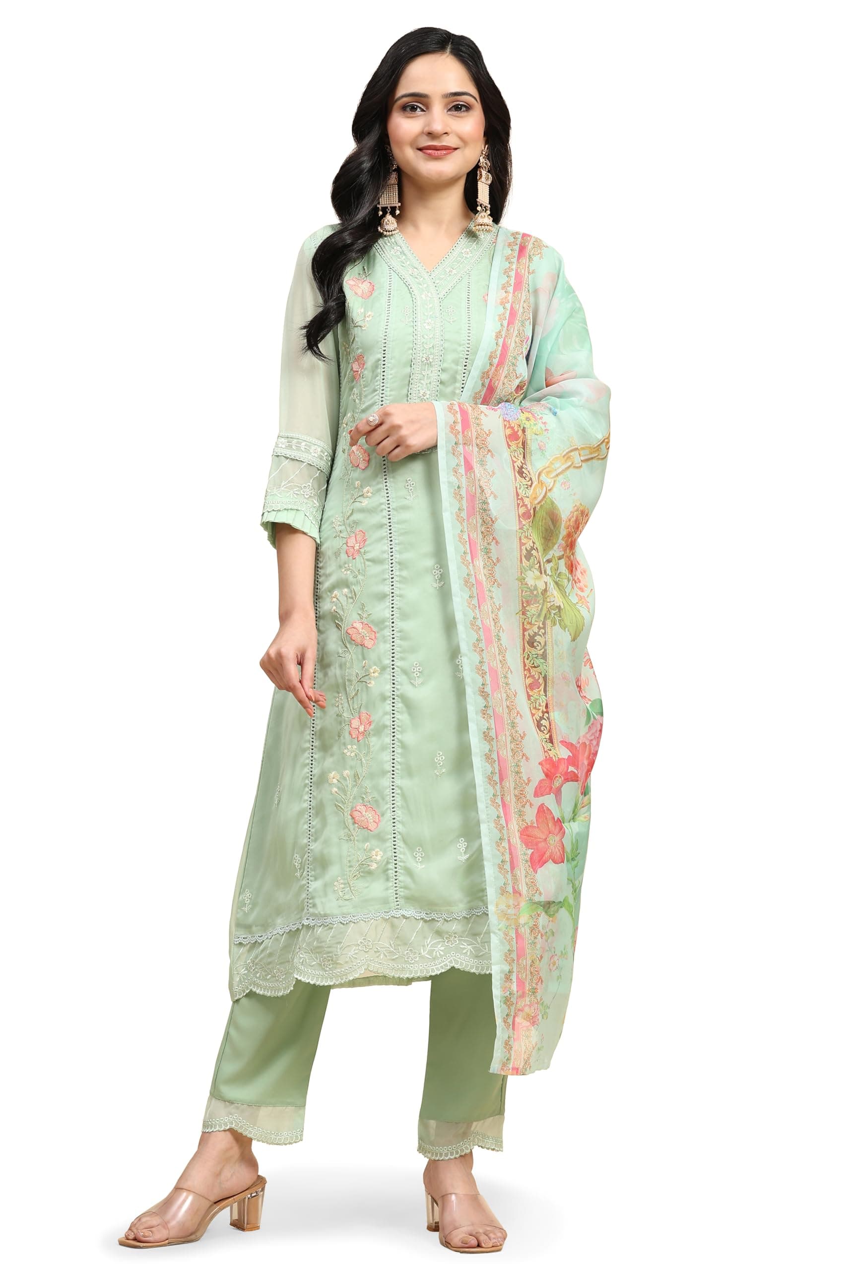 TRENDMALLS Women's Organza Embroidery Salwar Suit Set Kurta Pant with Dupatta