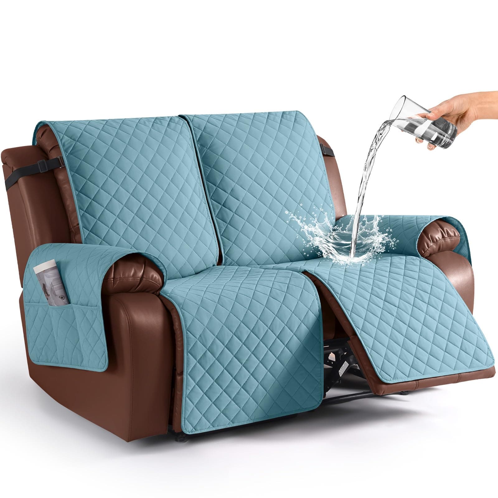 KinCam Waterproof Loveseat Recliner Cover, Non-Slip Reclining Couch Covers for 2 Seat, Recliner Sofa Cover Furniture Protector with Elastic Straps for Kids, Pets, Light Blue