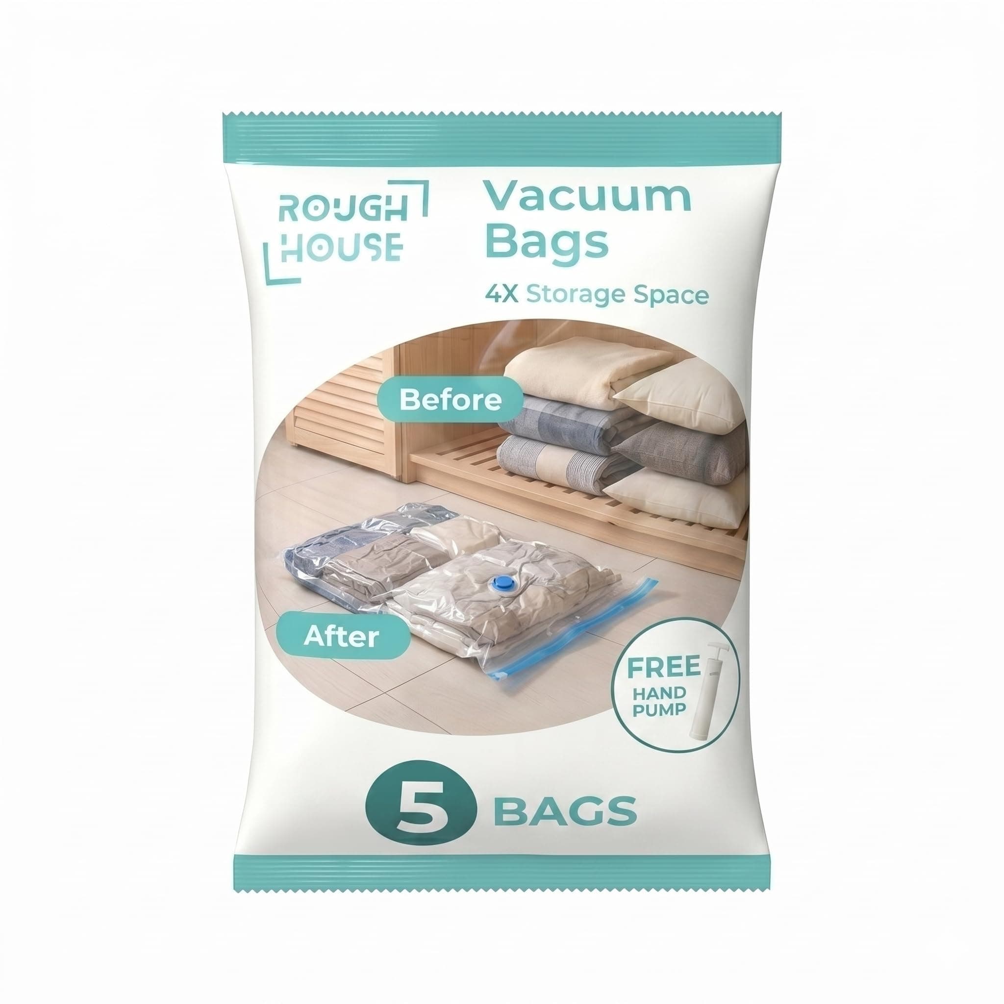 Roughhouse Ultra-Durable Vacuum Storage Bags Pack of 5 Space Saver for Clothes and More- Airtight, Reusable Compression Bags with Double-Zip Seal, Free Pump