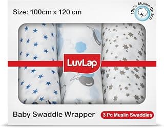 LuvLap LuvLap 100% Cotton Muslin Baby Swaddle Set, Baby Towel, Size-120cm x 100cm (47"x39"), Stars Printed on White, 0-18 Month+, Printed Mulmal Muslin Swaddle Wrap for New Born, Pack of 3