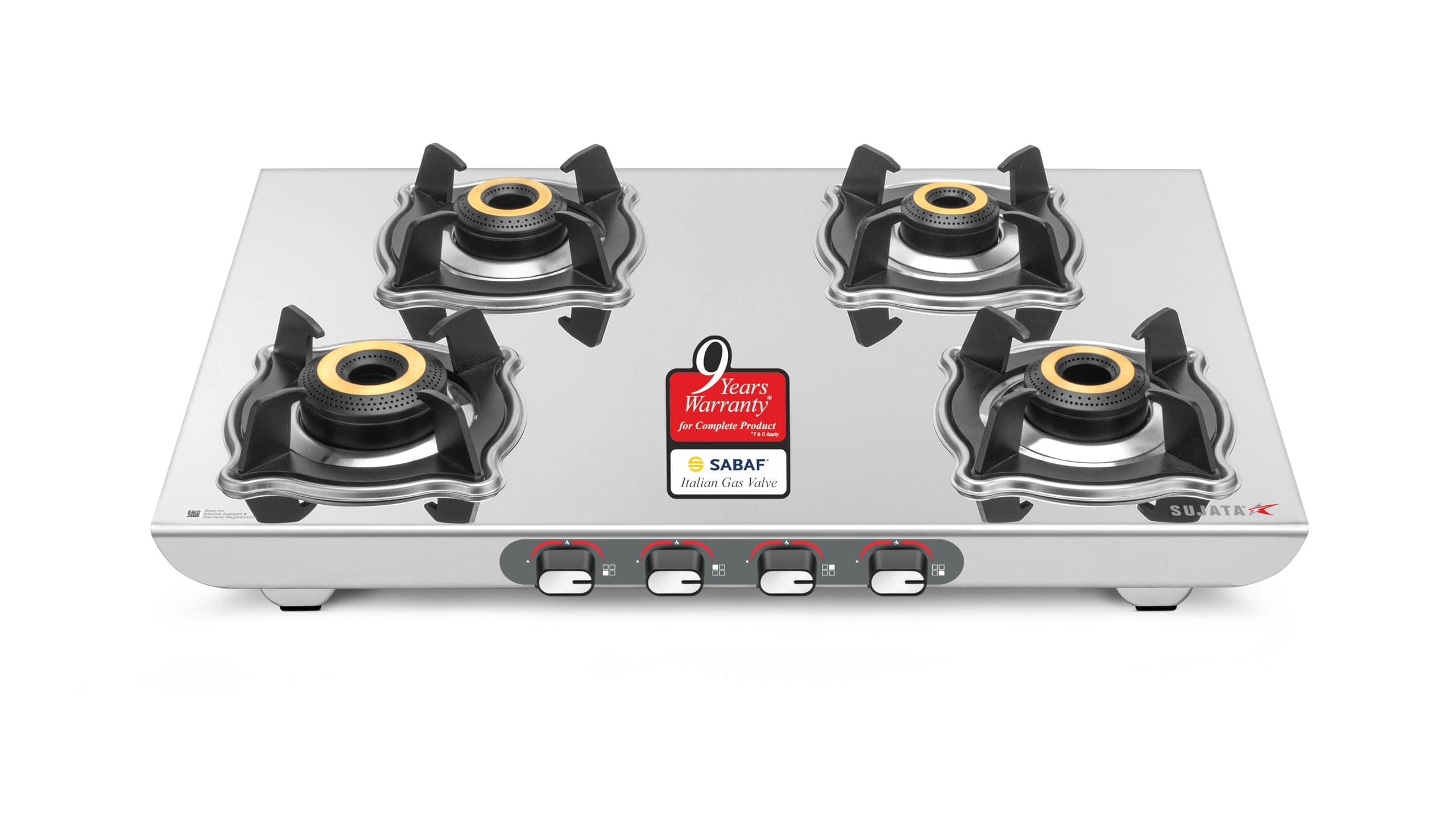 Sujata Majestic Manual Ignition Gas Stove | 9 Years Warranty | 4 Burner Stove, 4 Burner Gas Stove, SABAF, ISI Certified, LPG & PNG Compatible, Jumbo Brass Burners (Stainless Steel)