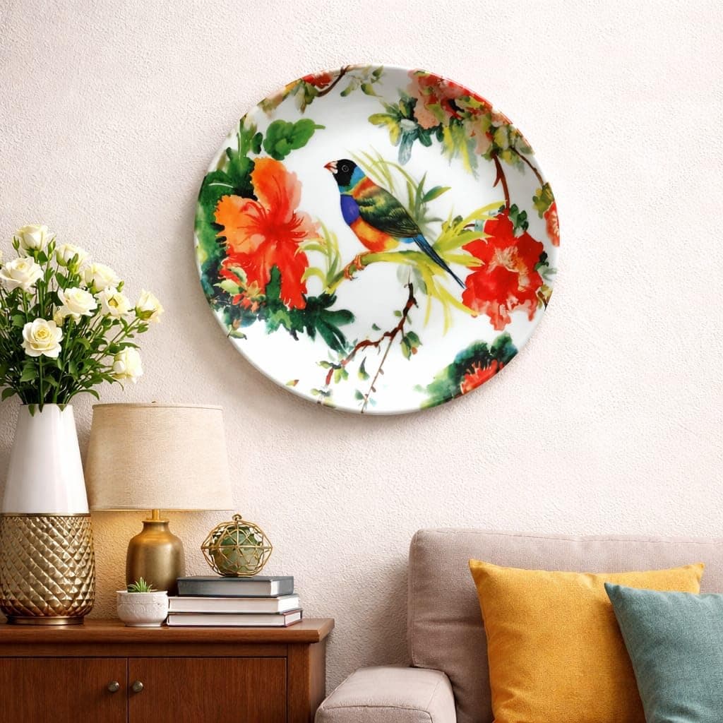 JIKRAA® Decorative Ceramic Wall Plate for Home Decor | 2-in-1 Usage Wall Hanging & Tabletop Display | Bird Floral Design Art Plate for Living Room Bedroom (1 Piece - 8 Inch Size)