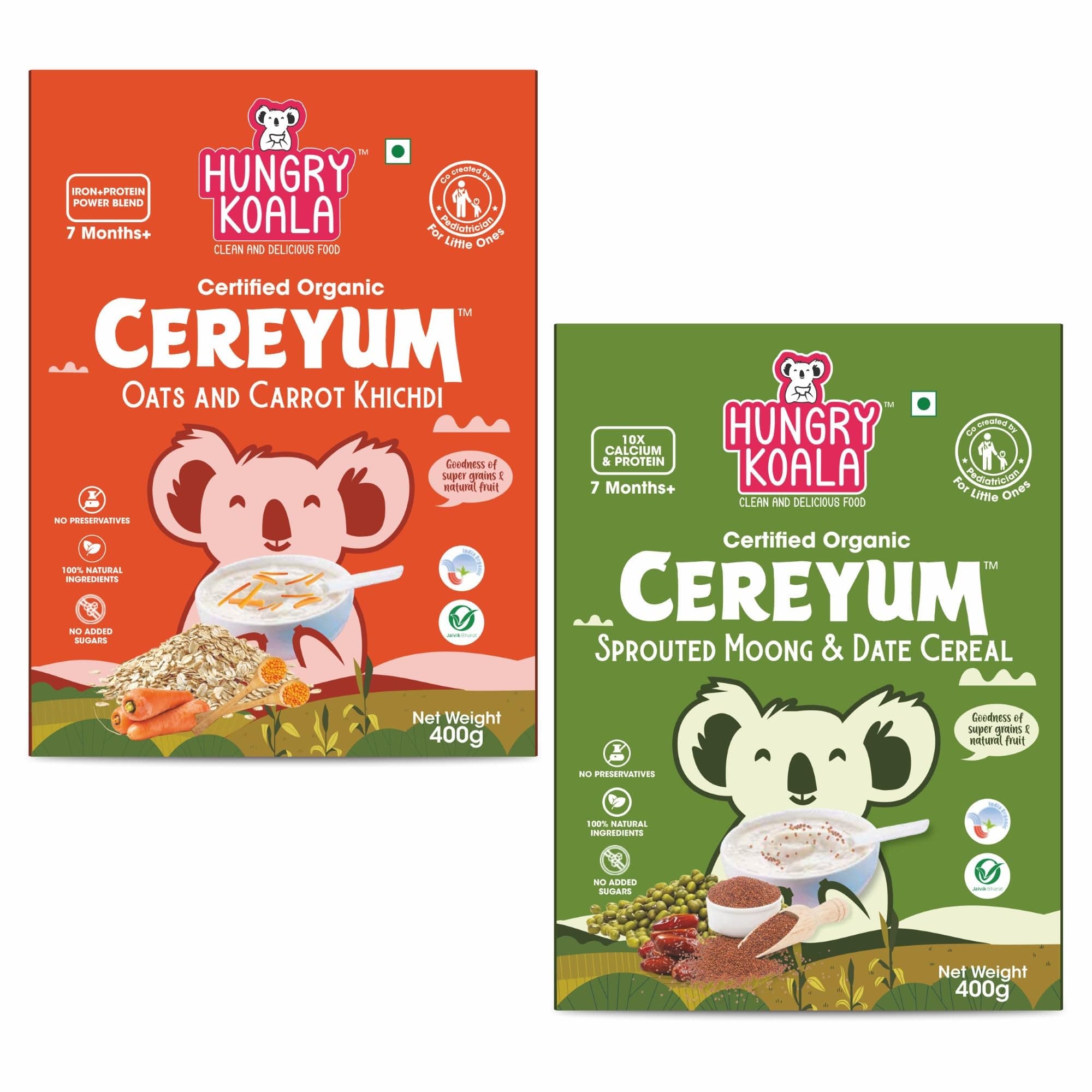 HUNGRY KOALA Cereal Made With Natural Ingridients Oats Carrot Sprouted Moong & Dates For Kids To Grow Healthy No Preservative Or Additives Or Maida 400 Grams Pack of 2