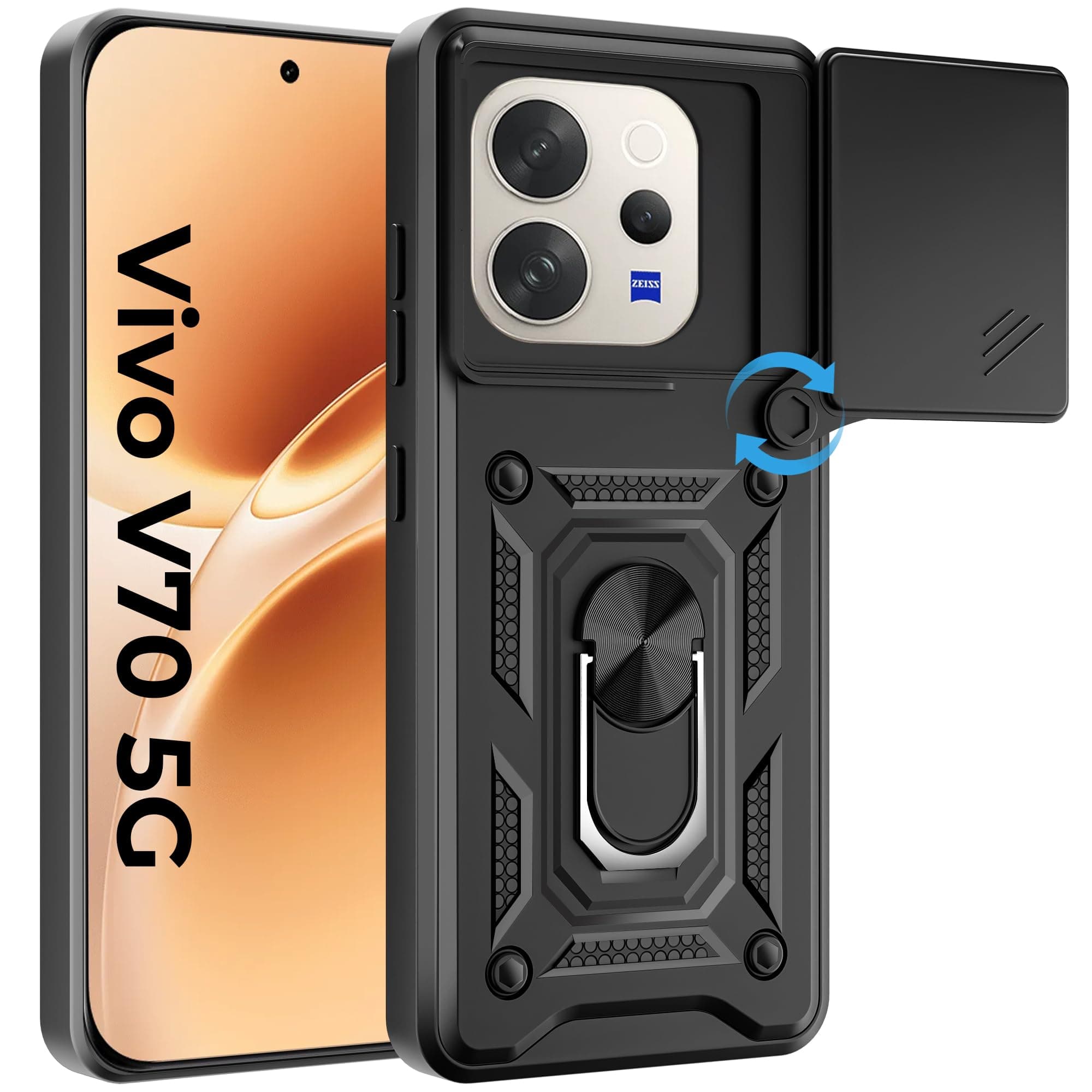 A rtistque Armor Bumper Back Cover Case for Vivo V70 / V70 Elite 5G | Ring Holder Stand | Sliding Camera Protection | Shockproof Heavy Duty Design | Vivo V70 Back Cover - Black