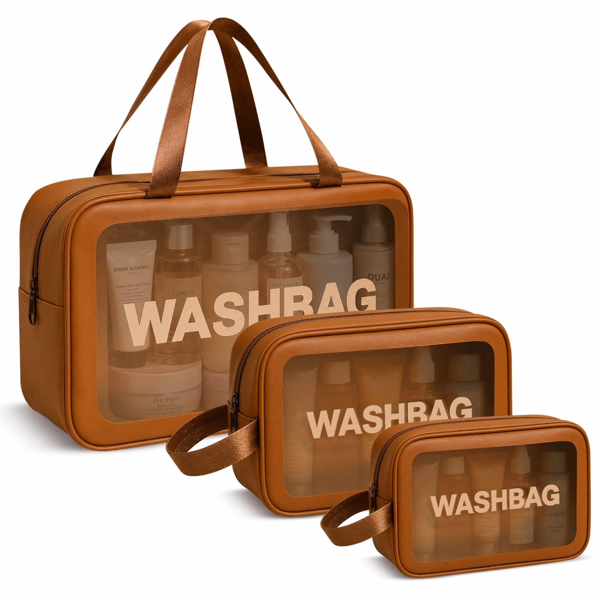 FLYNGO Clear Makeup Pouch Set, Cosmetic Organizer Bag for Women and Girls Travel Waterproof Toiletry Storage Kit (Set of 3 Tan Brown)