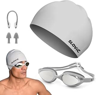 SLOVIC Swimming Goggles & Cap Combo | Anti-Fog Swimming Goggles for Man | Swimming Cap for Men | UV Protected Swimming Goggle for Women with Adjustable Straps | Unisex Swimming Accessories [Grey]
