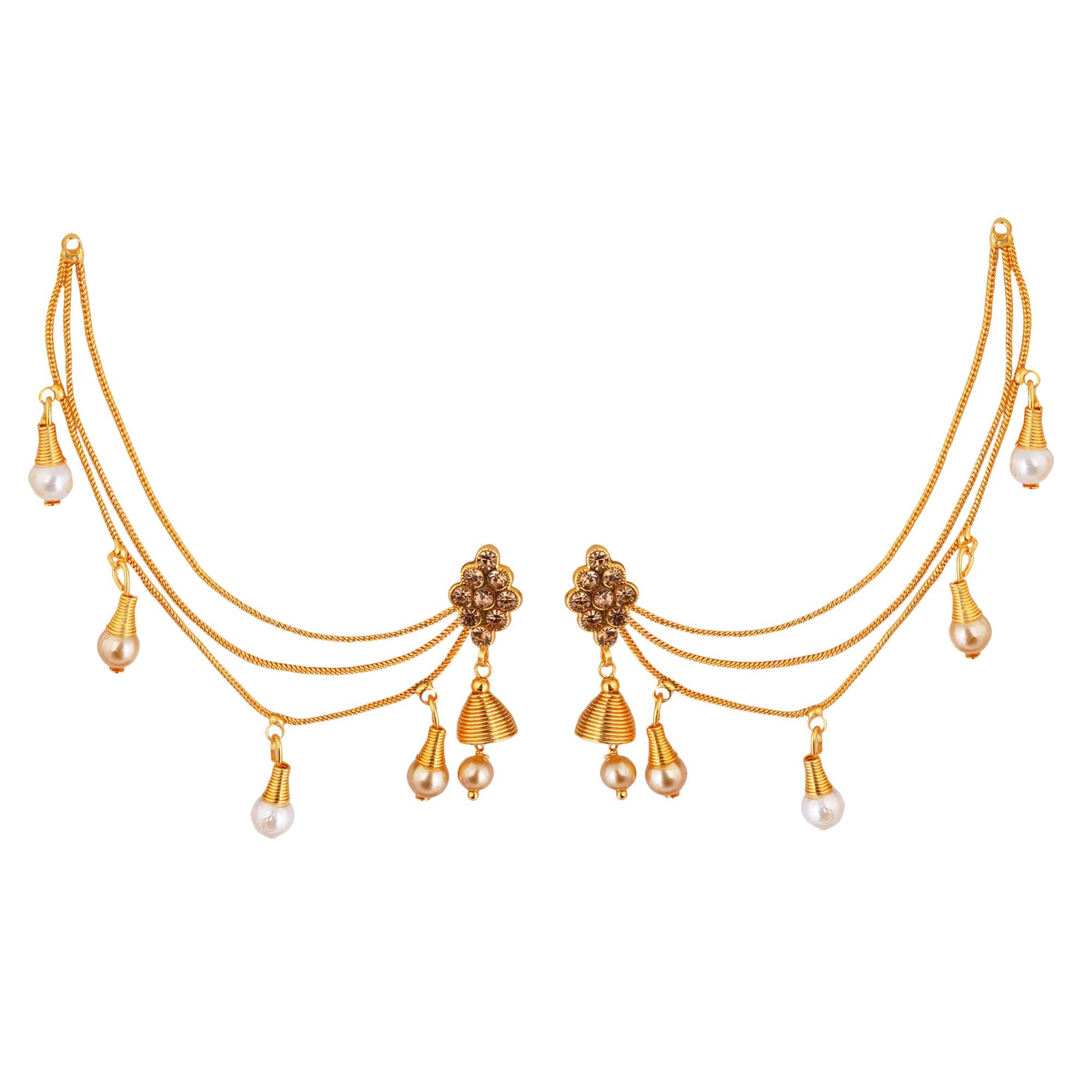 Shreyadzines Traditional Designer Gold Polish Bahubali Style Jhumka Jhumki Earrings with Hair Chain for Women and Girls
