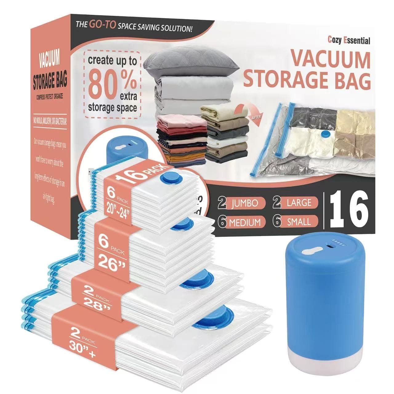 Cozy Essential Polyethylene Vacuum Storage Bags with Electric Pump, 16 Pack (2 Jumbo/2 Large/6 Medium/6 Small) Vacuum Seal Space Bags for Clothing, Pillows, Blanket, Bedding, Comforters, Transparent