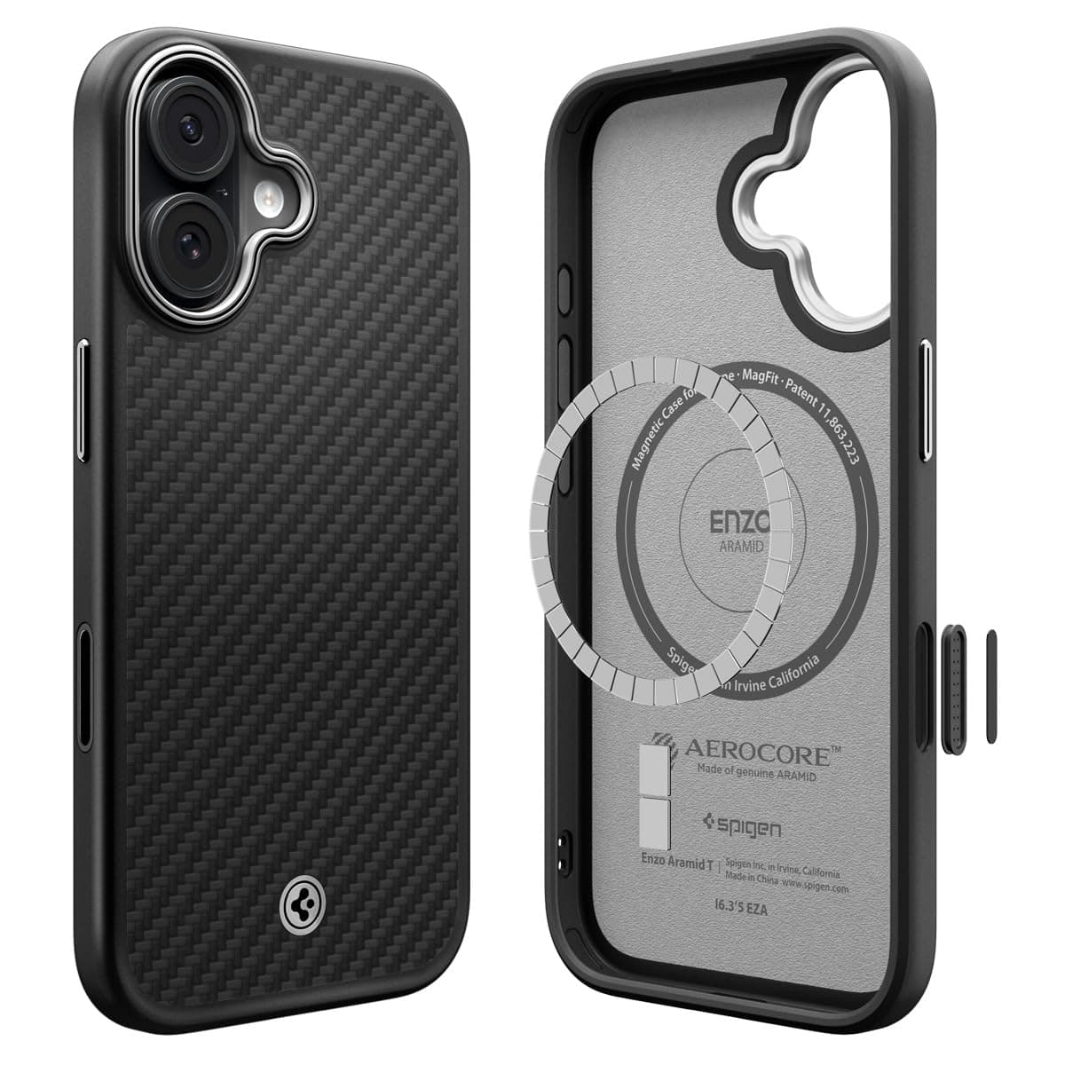 Spigen Enzo Aramid T MagFit Back Cover Case for iPhone 17, Premium Aramid Fiber Finish, Camera Control Button - Polycarbonate + TPU | Black Silver